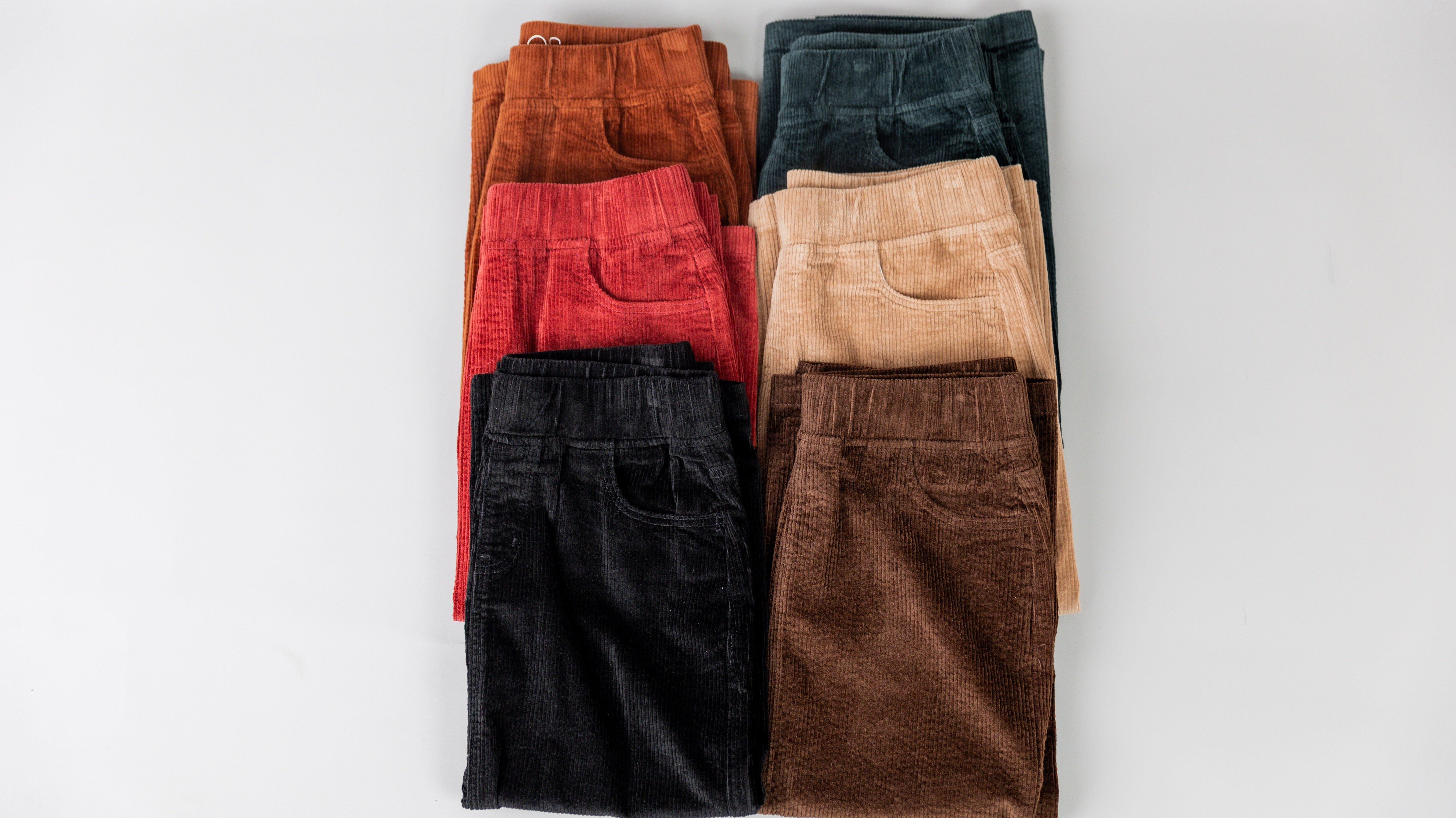 A picture of six of our Corduroy Skirts in various colors.