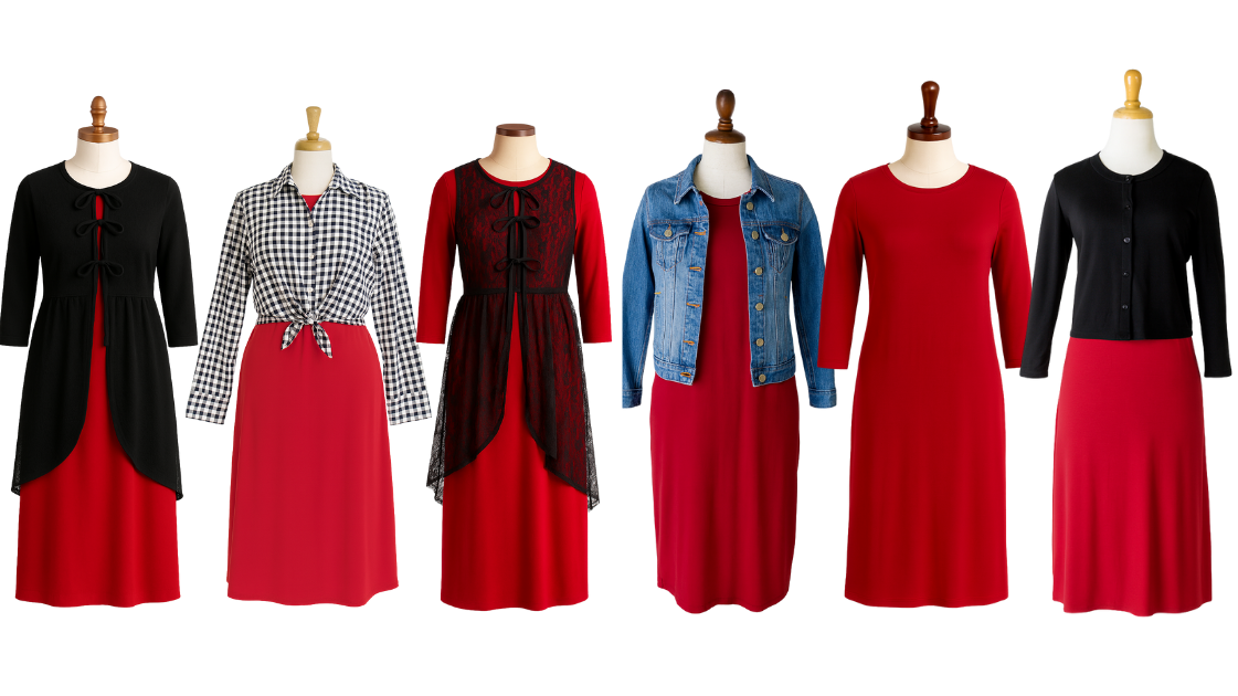 6 Mannequins featuring different ways to style a layering dress in red.
