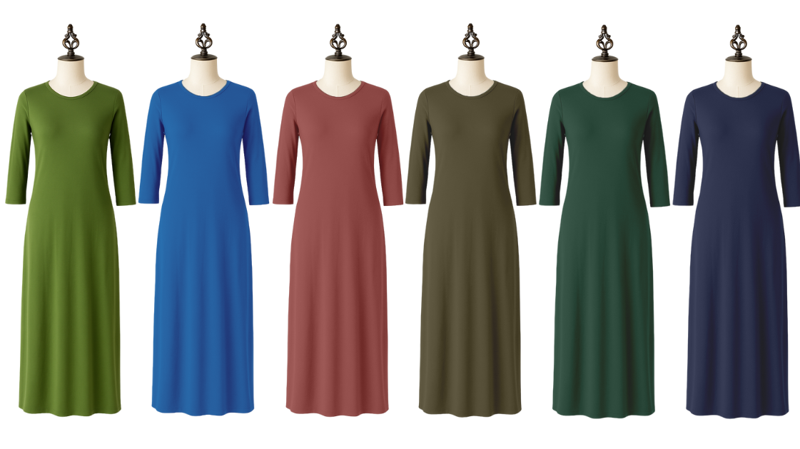 Our modest midi layering dress in multiple colors on mannequins.