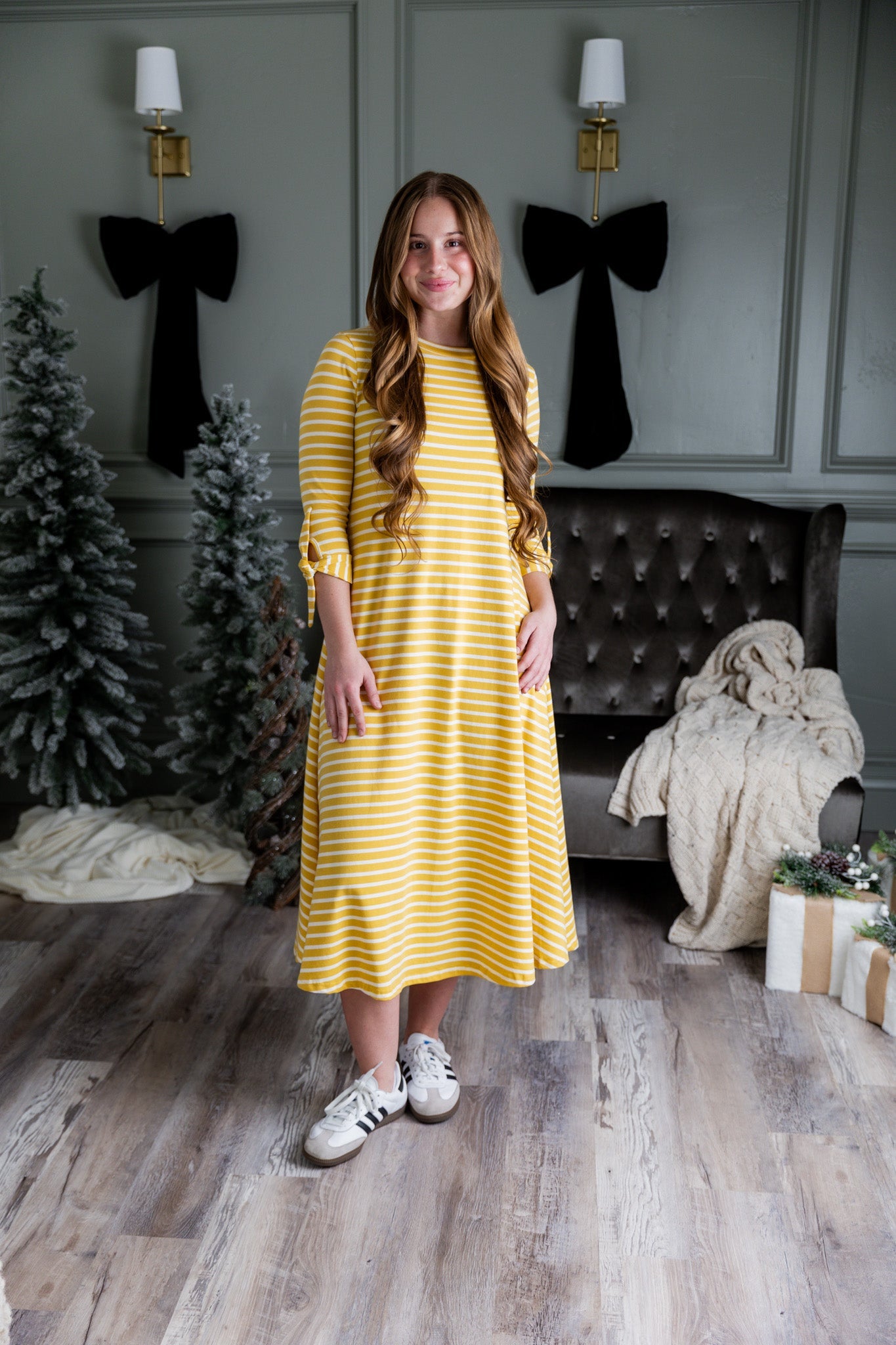 Modest fall fashion featuring our yellow and white striped Gracie Dress.
