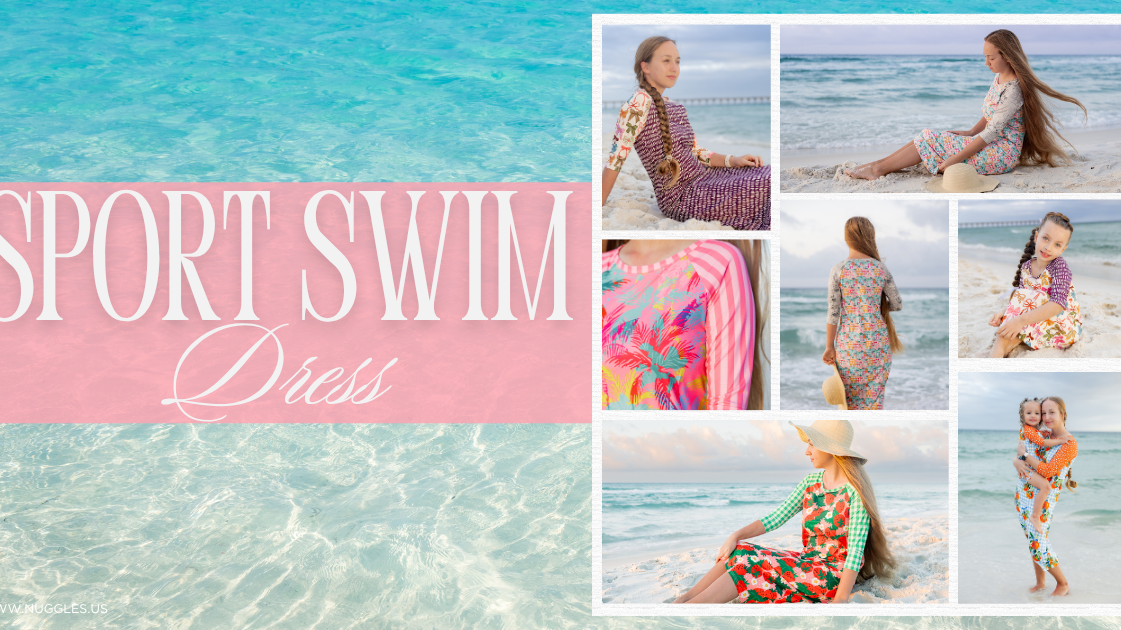 Women wearing modest Nuggles Sport Swim Dresses on the beach
