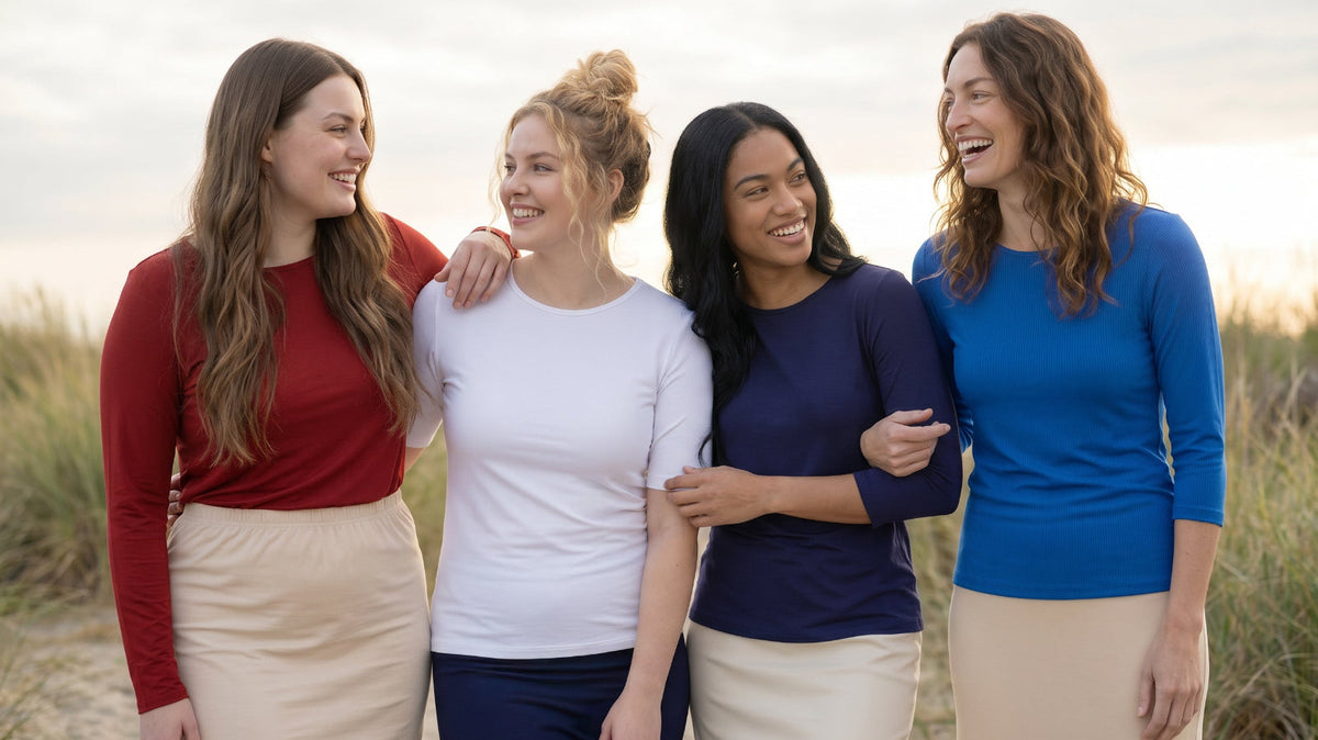 A group of women wearing Nuggles modest Essential Tees in different sleeve lengths