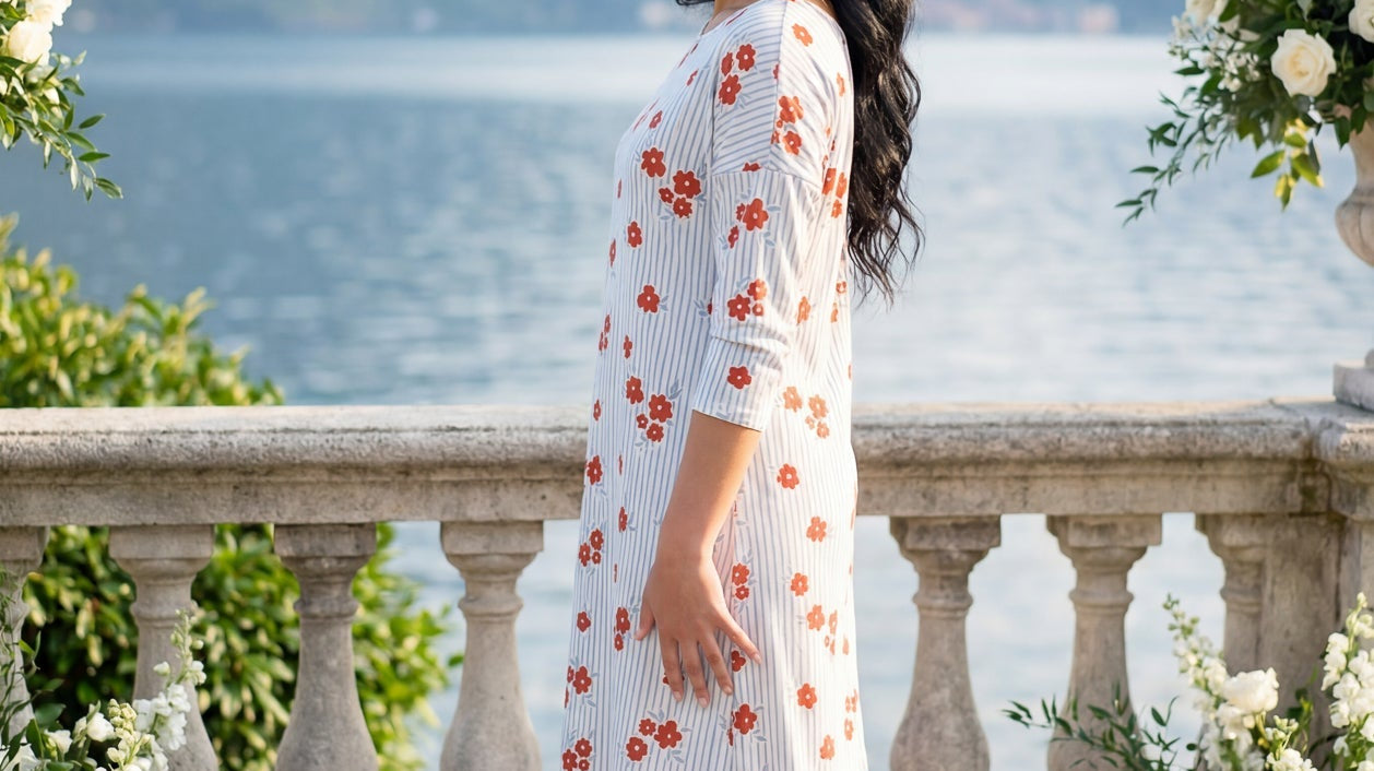 A modest midi maxi length dress in a fun print.
