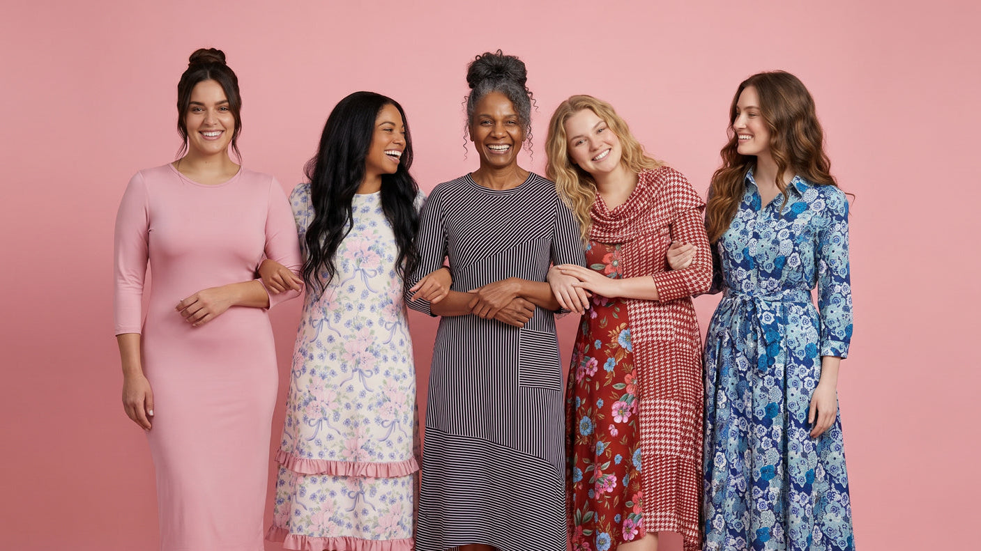 Women wearing modest dresses from Nuggles in pink, floral, black, red, and blue styles