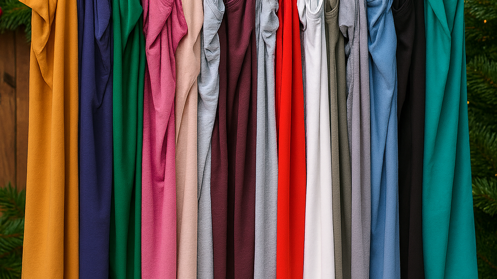 A picture showing several colors of our modest essential tees hanging up.