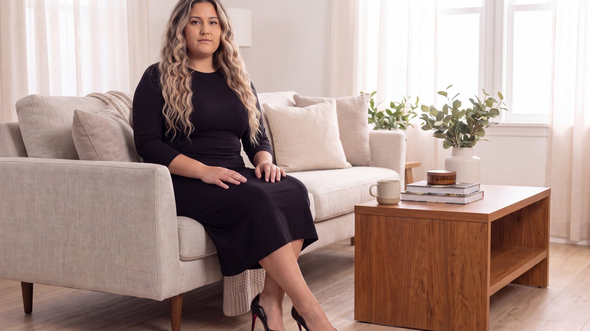 Woman wearing a Nuggles modest midi layering dress in black