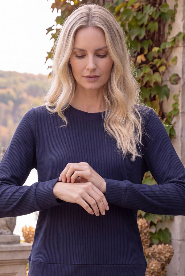 Model wearing Nuggles® Misty Lounge Set in Navy