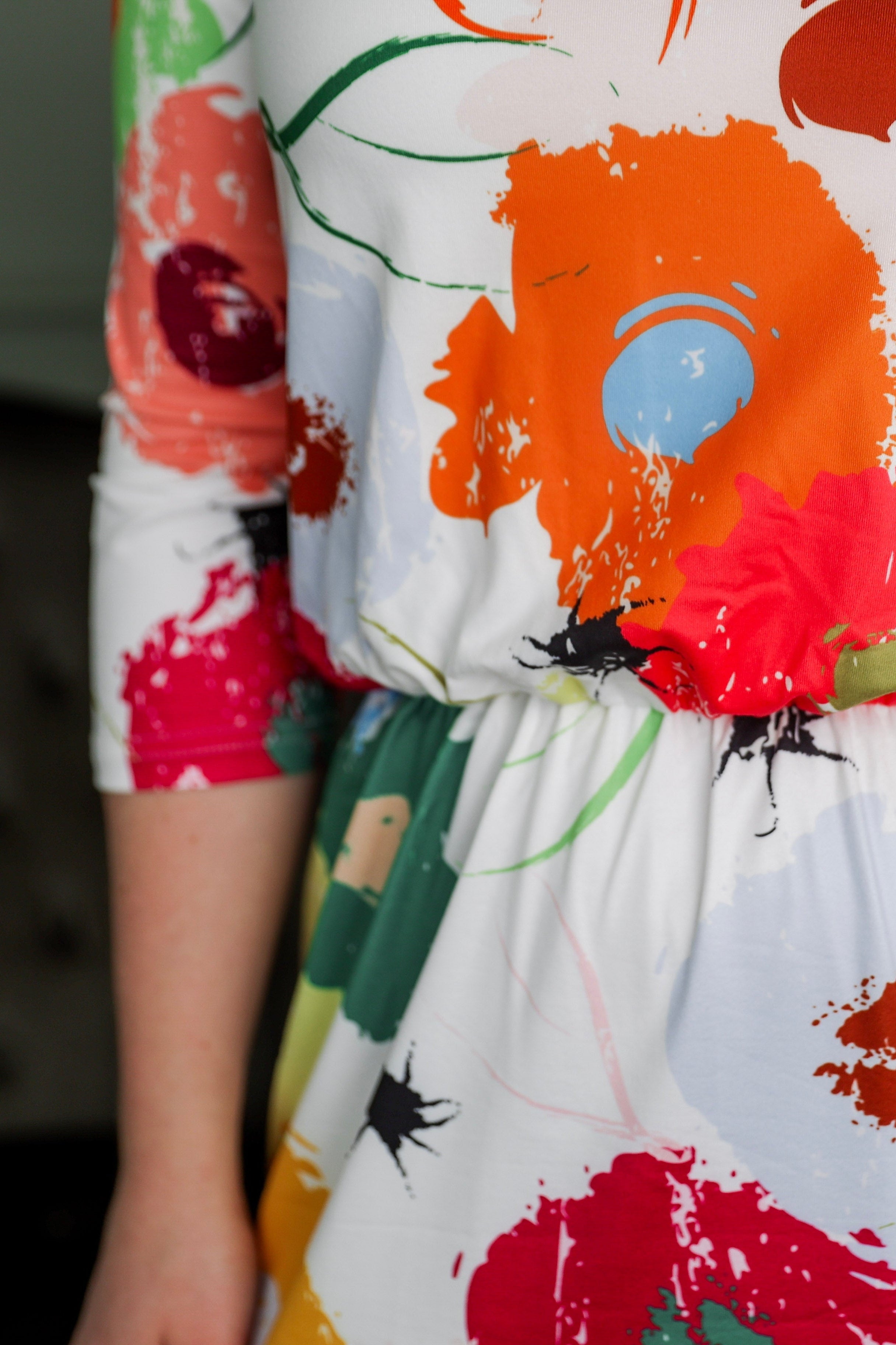 A close up shot of the Harper Jane dress in a white print with bold flowers.
