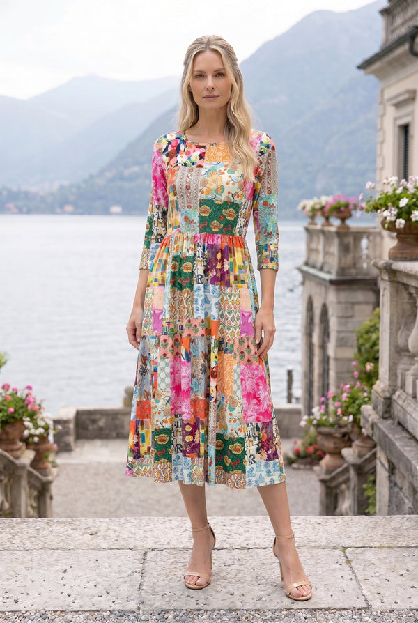 Nuggles Nova Midi Dress in Carousel, playful multicolor-print modest cotton dress with 3/4 sleeves