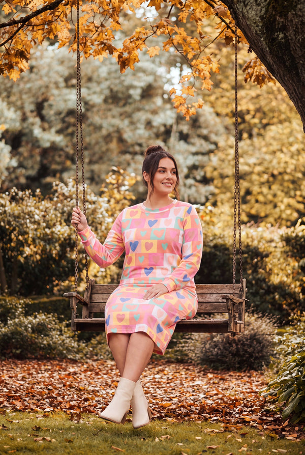 Model wearing Nuggles® Iris Sweater Shirt in Candy Hearts