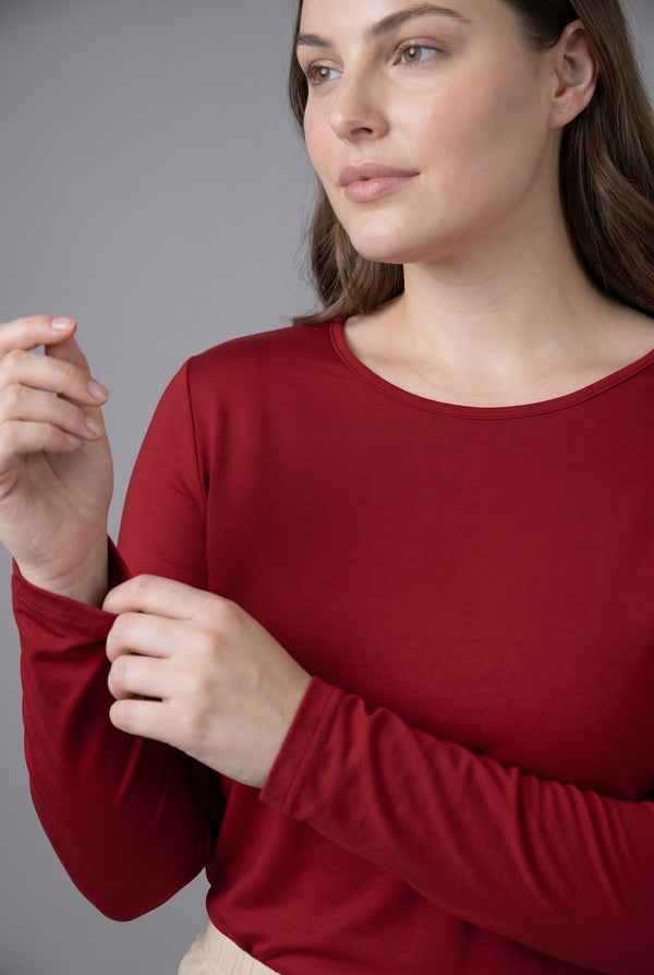 A close up shot of a essential tee with long sleeves.