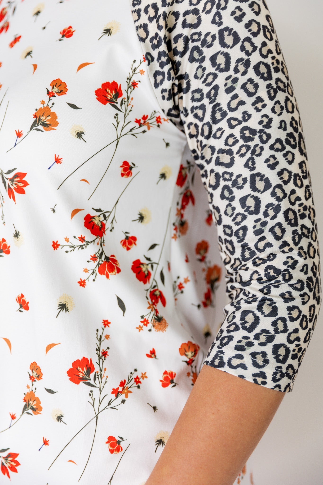 Close up picture of a leopard print sleeve and a floral print bodice dress