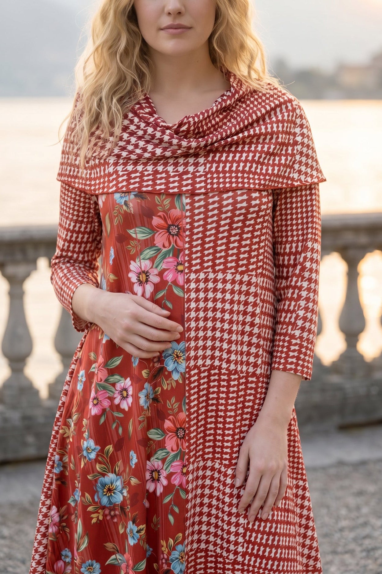 An image of a women wearing a red dress in floral and check print.