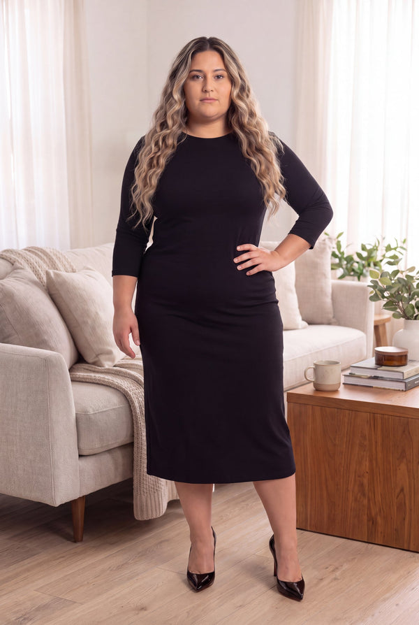 Model wearing Nuggles® Original Midi Layering Dress in Black