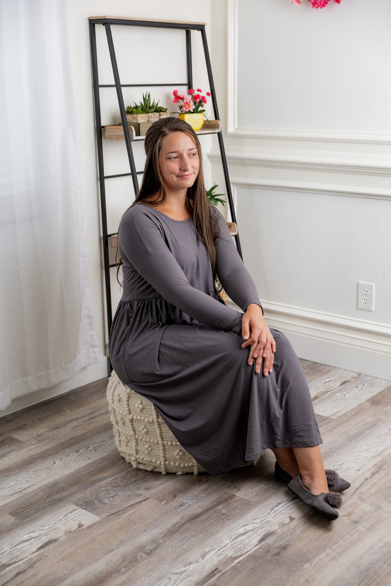 Modest long sleeve dress in a Gray color.