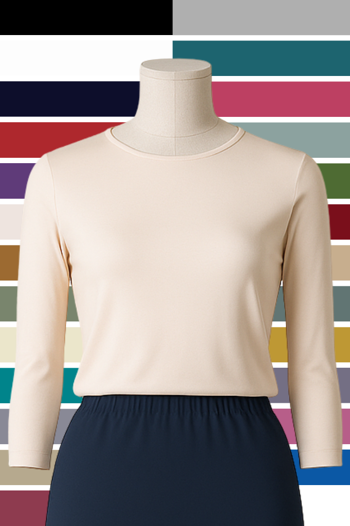 All the colors of our essential tees stacked in the shape of a triangle.