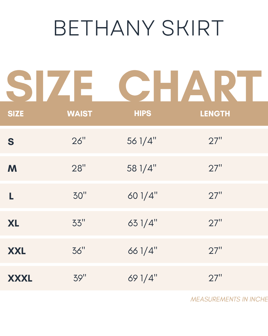 Bethany Skirt size chart