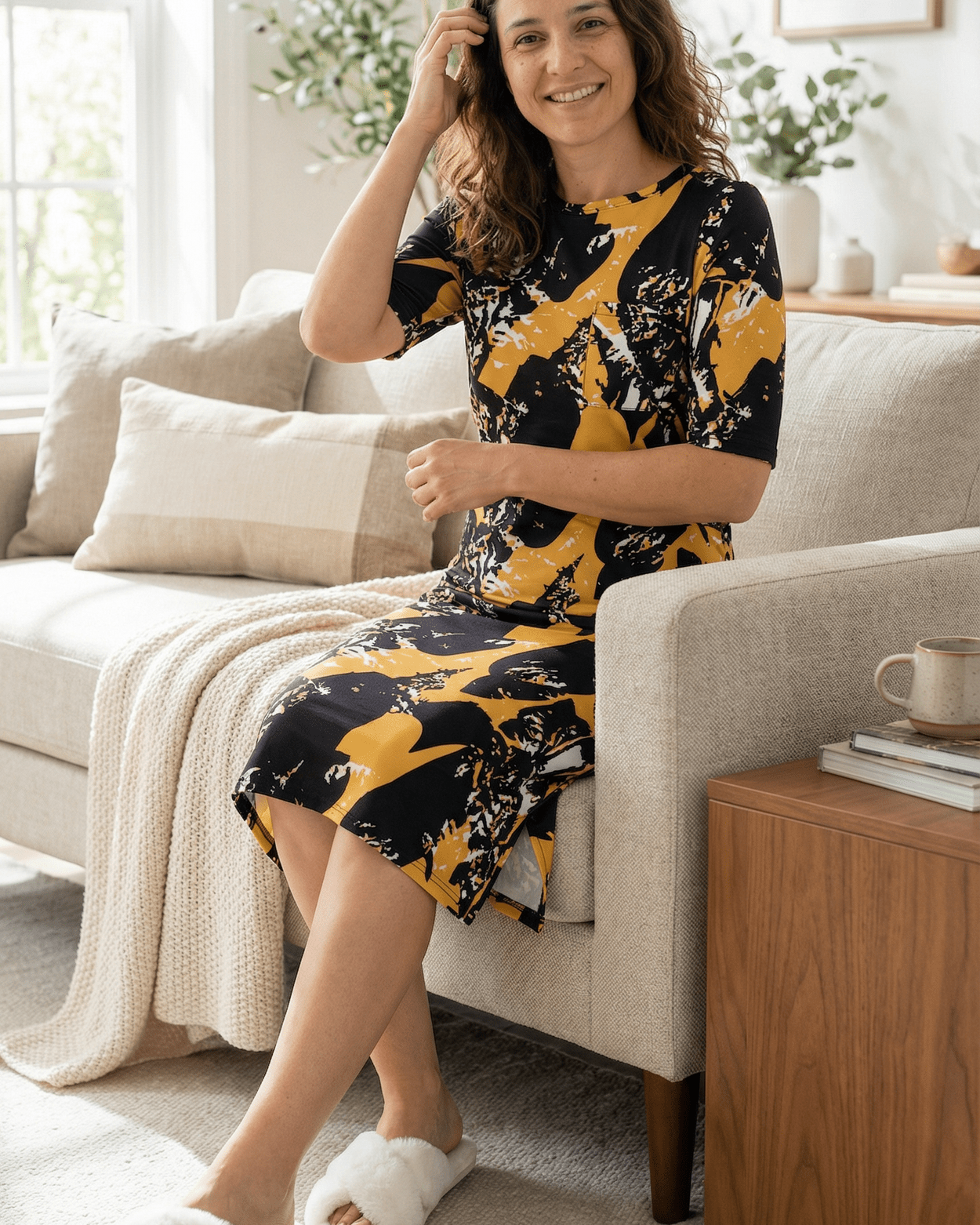 Model wearing the Nuggles® Aviva Dress in Golden Drift