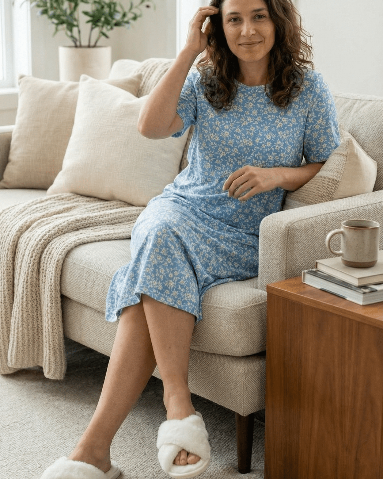 Model wearing the Nuggles® Aviva Dress in Bluebell Drift