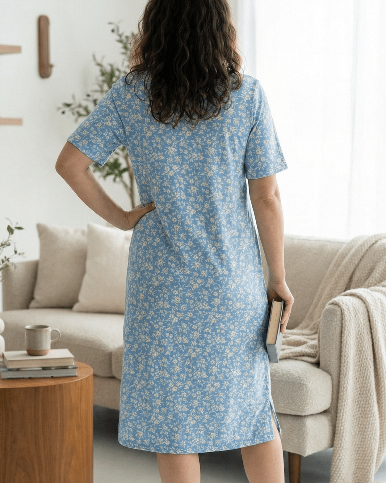 Model wearing the Nuggles® Aviva Dress in Bluebell Drift