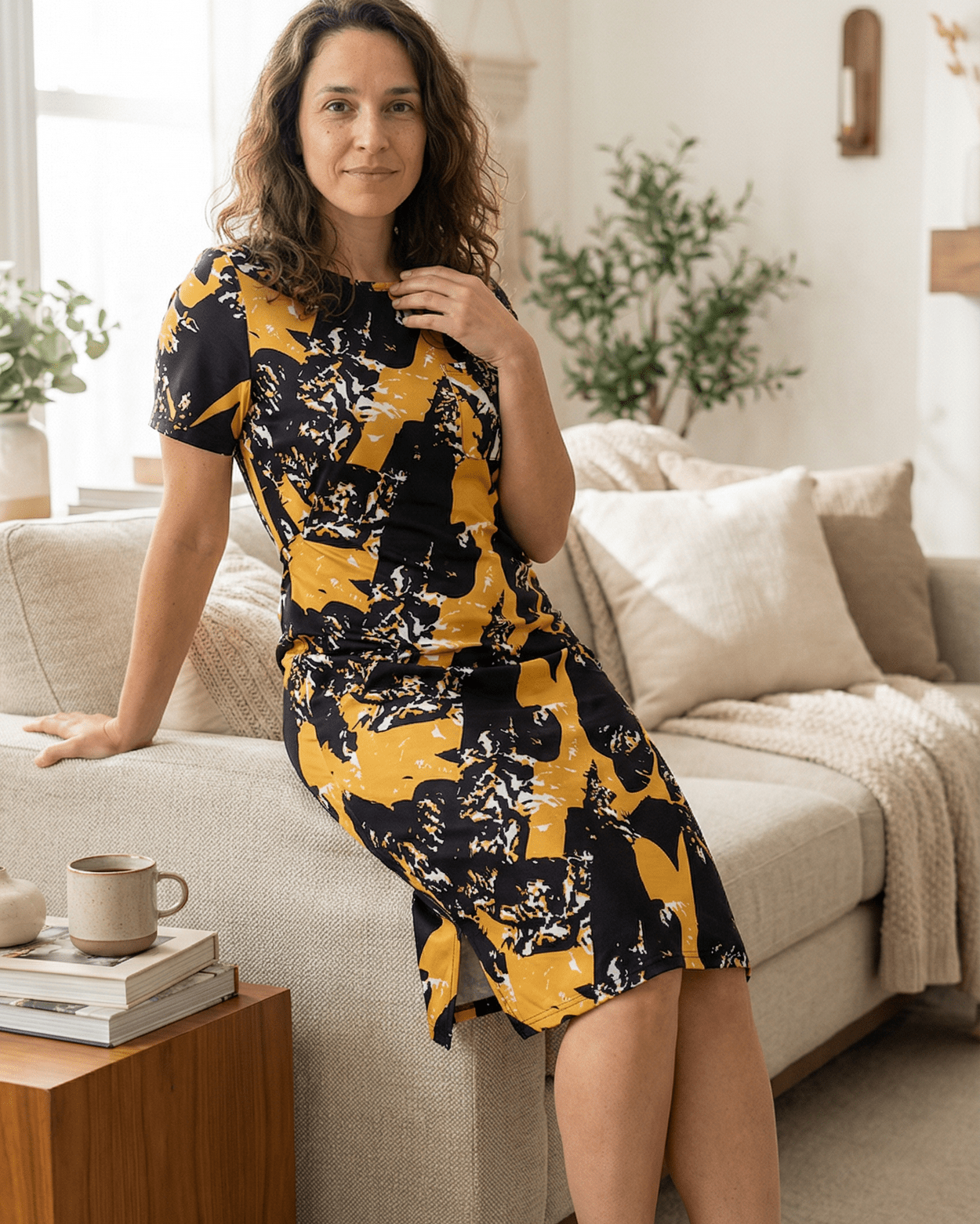 Model wearing the Nuggles® Aviva Dress in Golden Drift