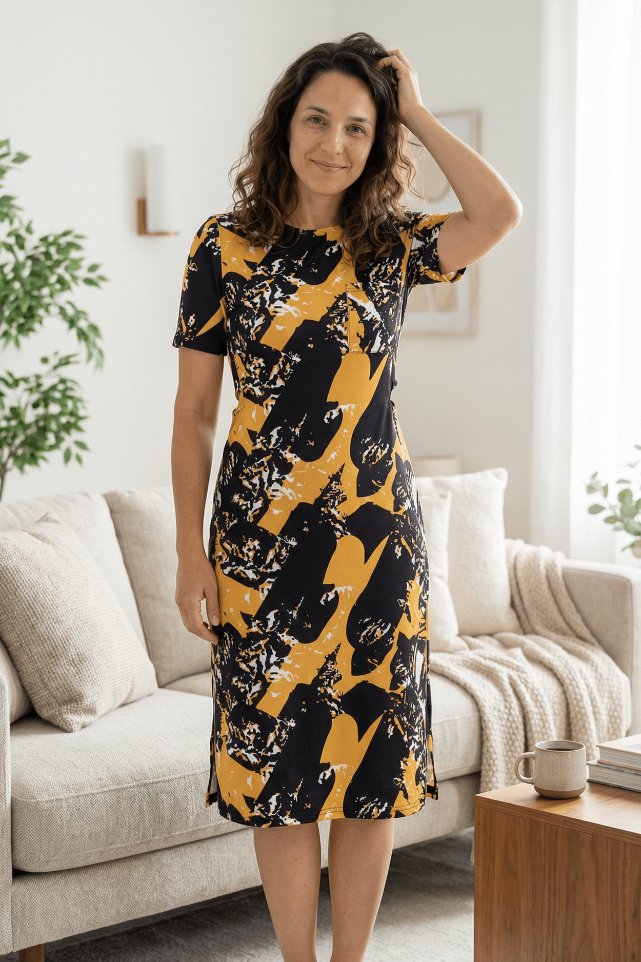 Model wearing the Nuggles® Aviva Dress in Golden Drift
