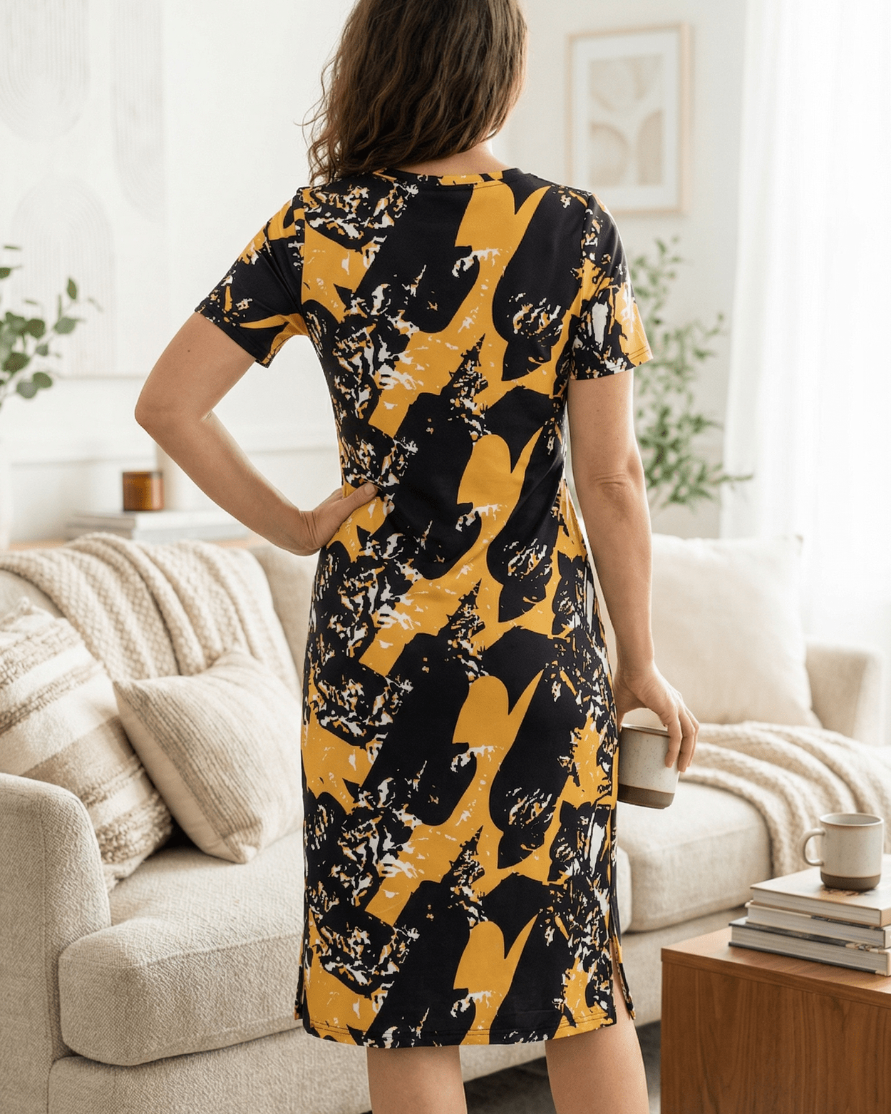 Model wearing the Nuggles® Aviva Dress in Golden Drift