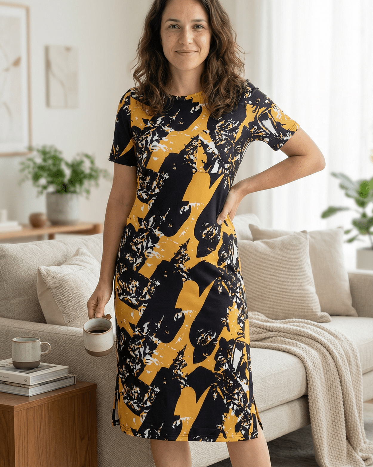 Model wearing the Nuggles® Aviva Dress in Golden Drift