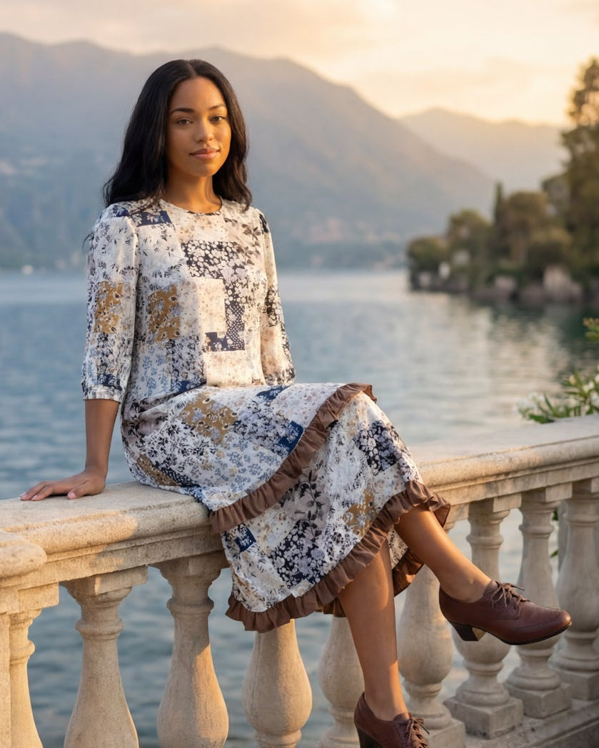 Model wearing Nuggles® Patricia Dress in Chestnut Mosaic