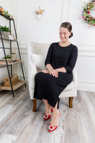 Nuggles® Allie Dress – Modest ribbed knit T-shirt dress with 3/4 sleeves and front pocket.