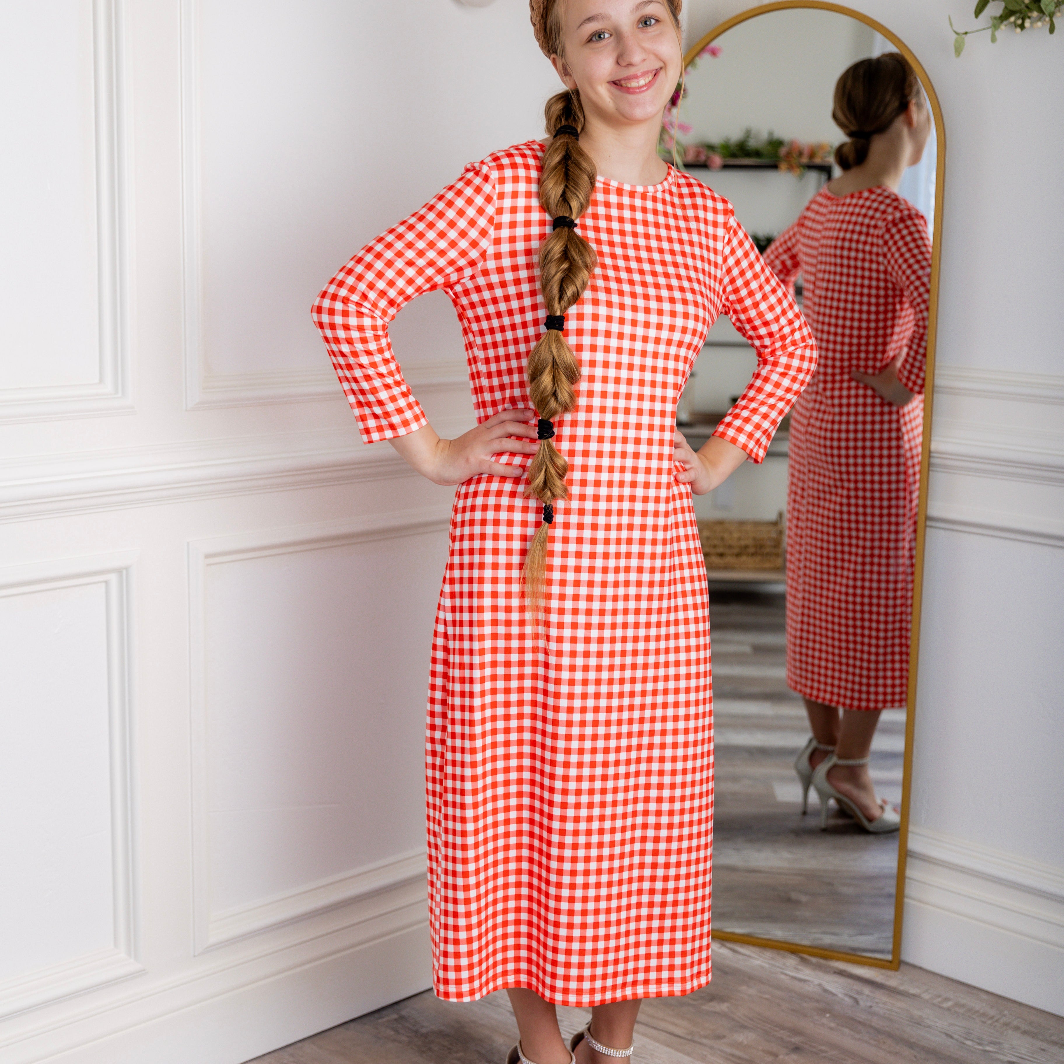 Model wearing  Nuggles® Original Style Midi Layering Dress in soft cotton knit