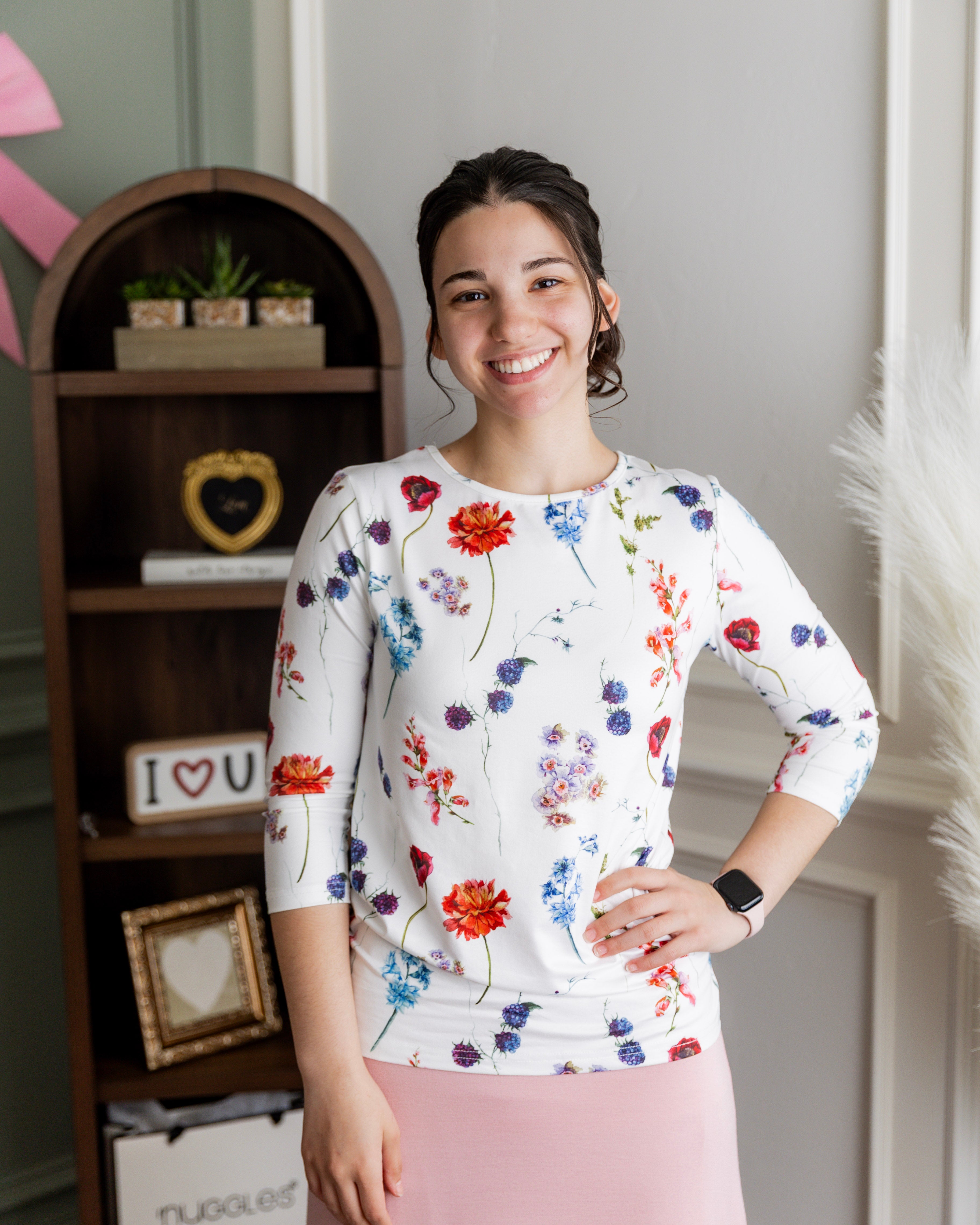 Model wearing Nuggles® 3/4 Essential Tee in Sunday Wildflowers