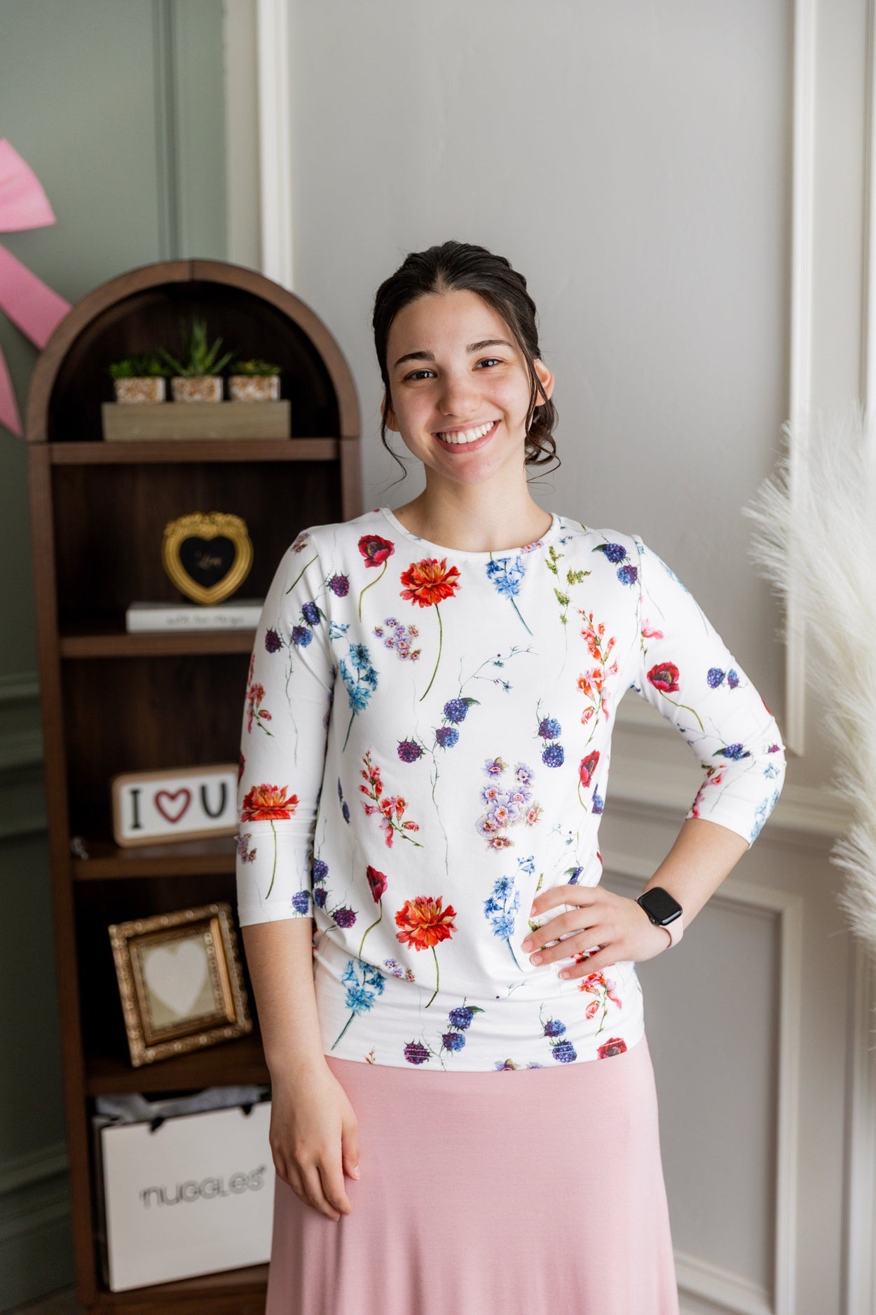 Model wearing Nuggles® 3/4 Essential Tee in Sunday Wildflowers