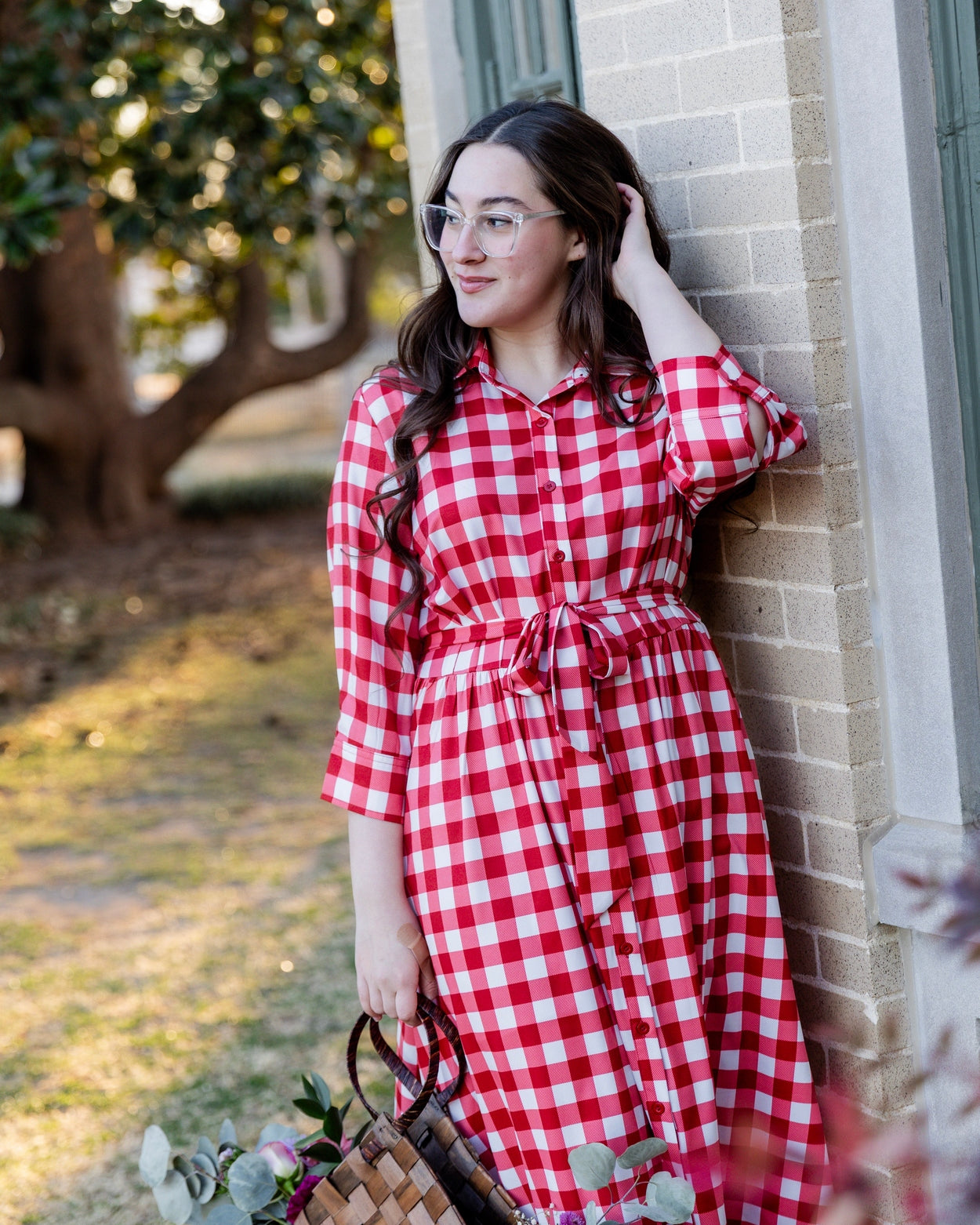 Model wearing the Nuggles® Rachel Dress in Cherry Jam