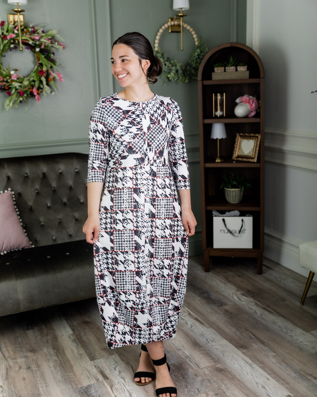 Model wearing Nuggles® Cindy Bubble Dress in Midtown Plaid