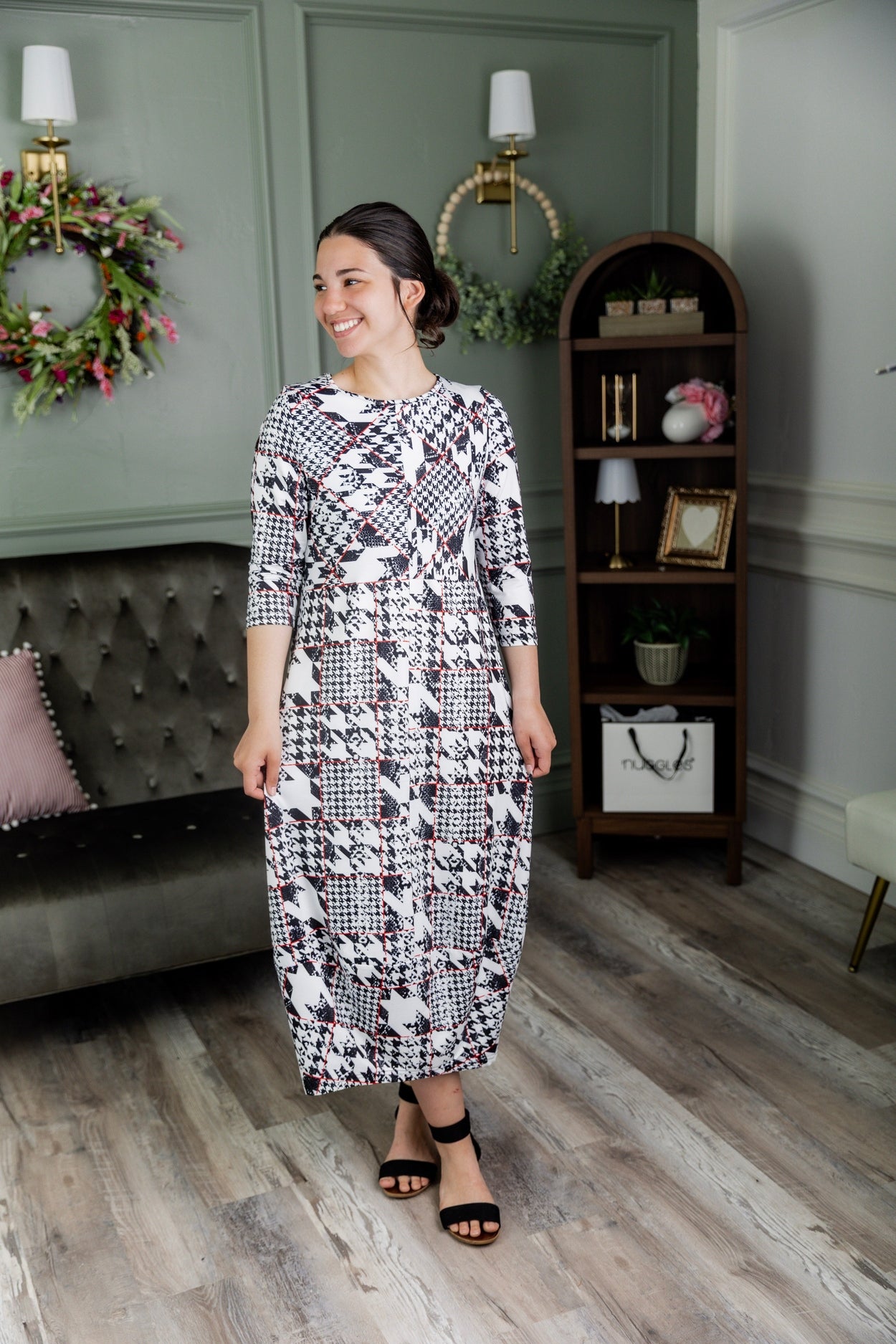 Model wearing Nuggles® Cindy Bubble Dress in Midtown Plaid