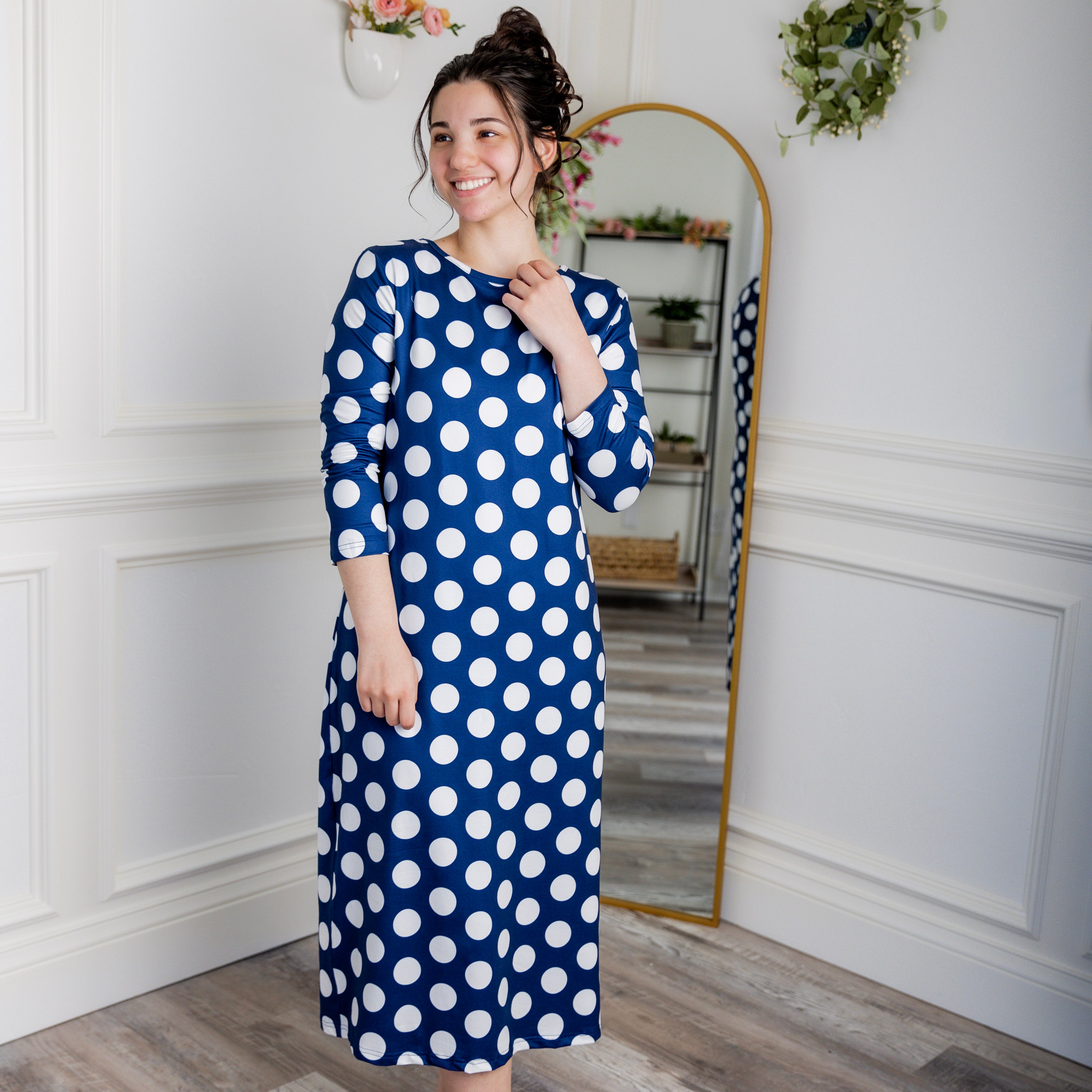 Model wearing  Nuggles® Original Style Midi Layering Dress in soft cotton knit