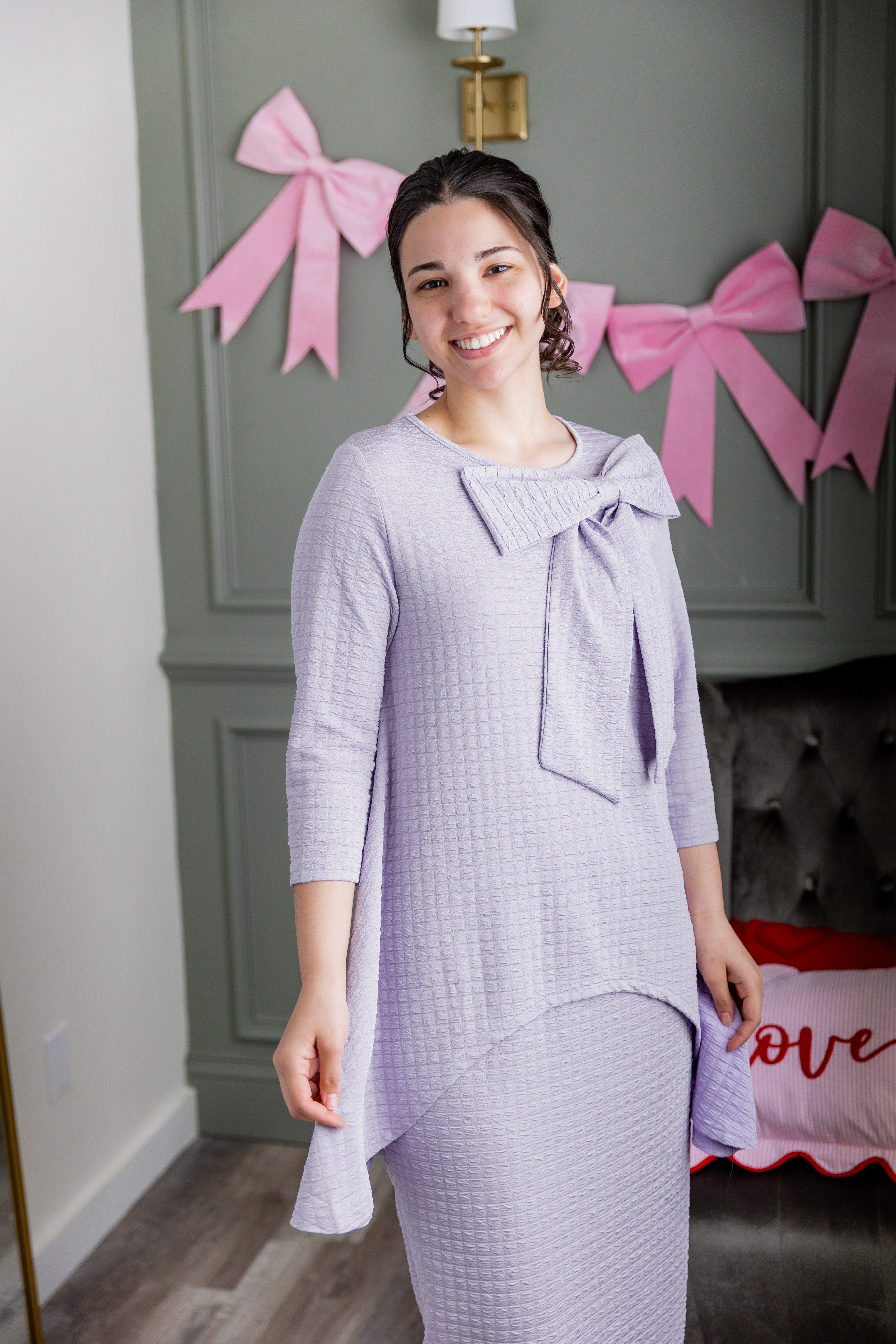 Model wearing Nuggles® Eleanor Top in Lilac
