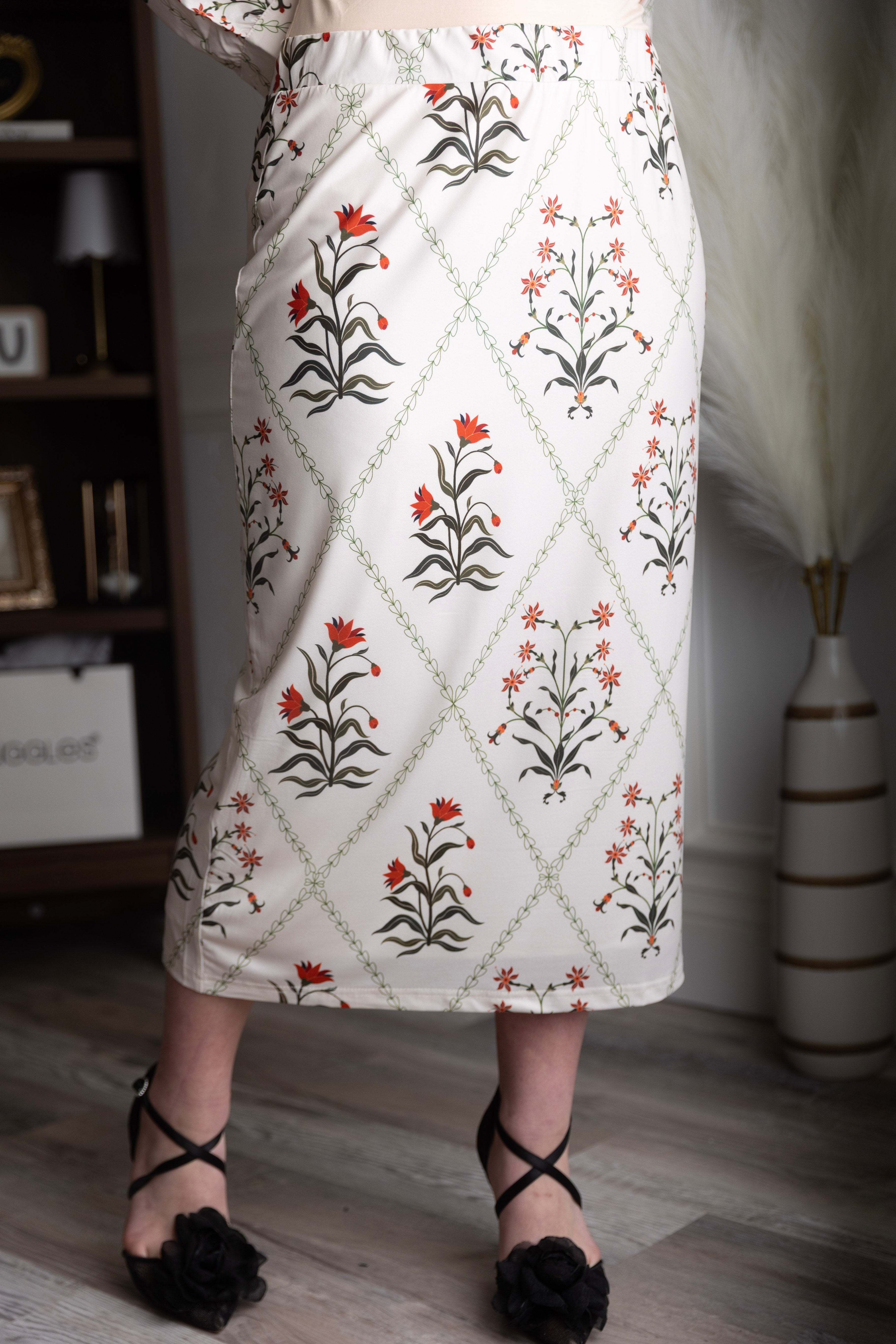 Model wearing modest Nuggles® 31" Lined Pencil Skirt in Ivory Spring