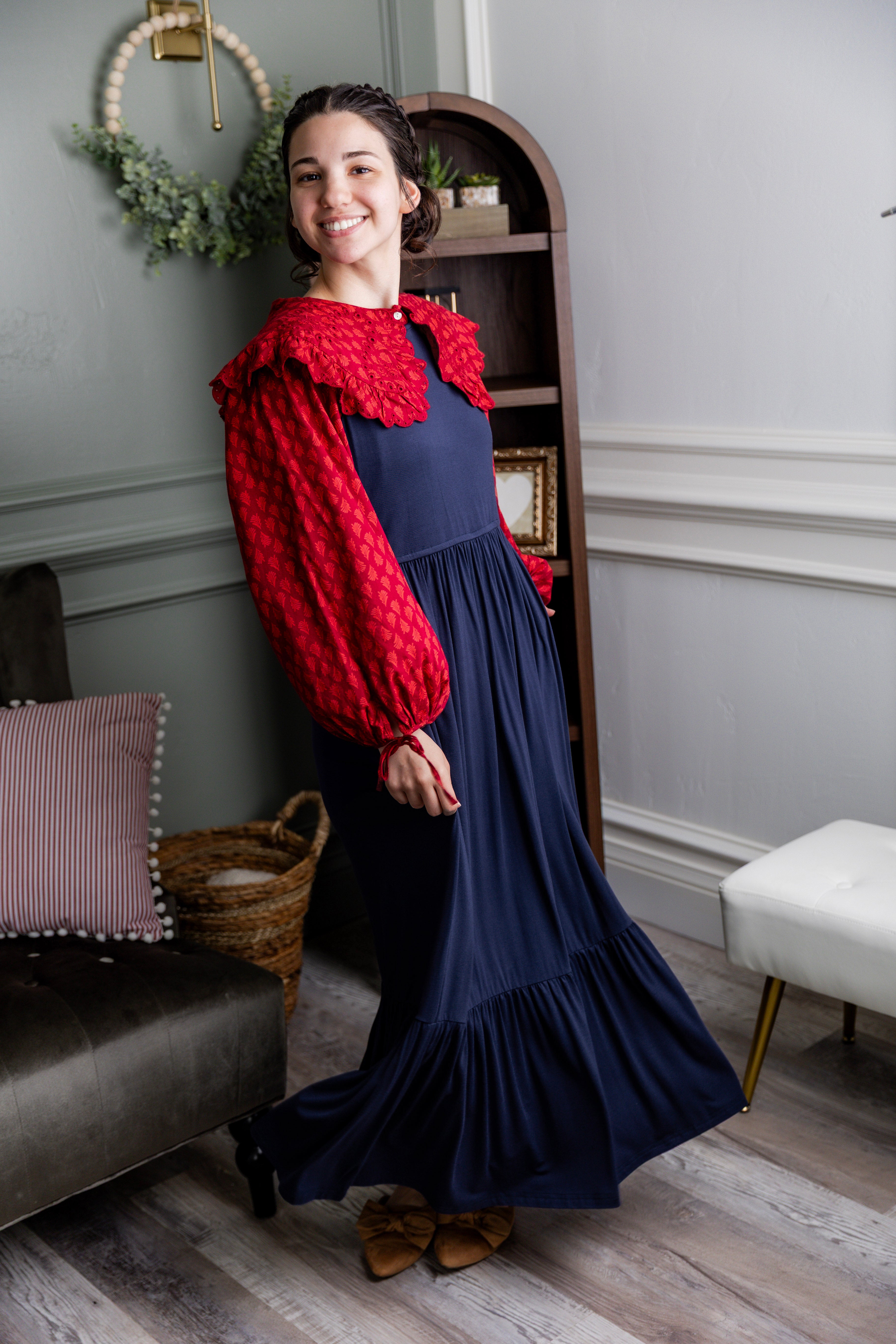 Model wearing the Nuggles® Riley Dress in Navy