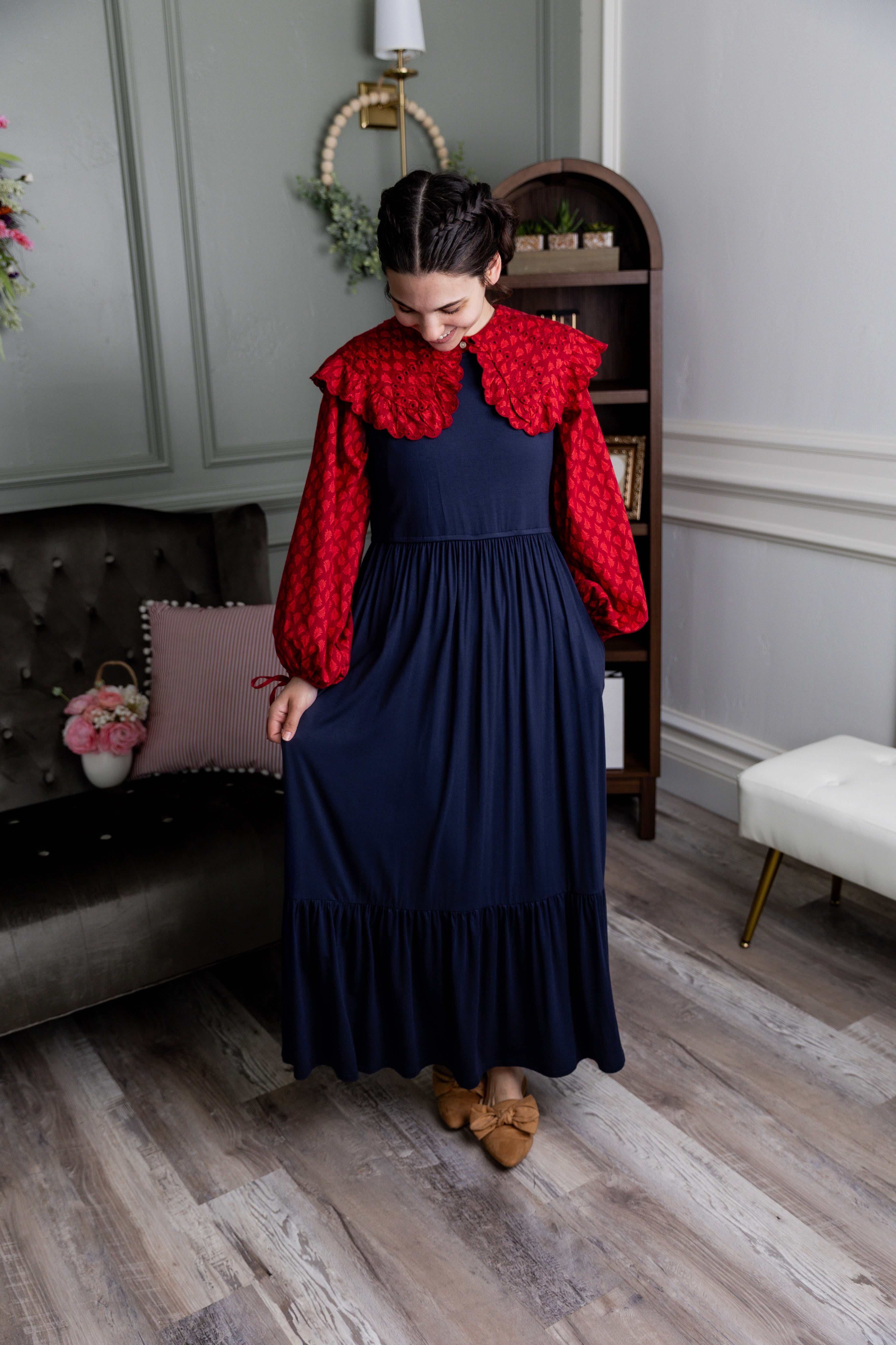 Model wearing the Nuggles® Riley Dress in Navy