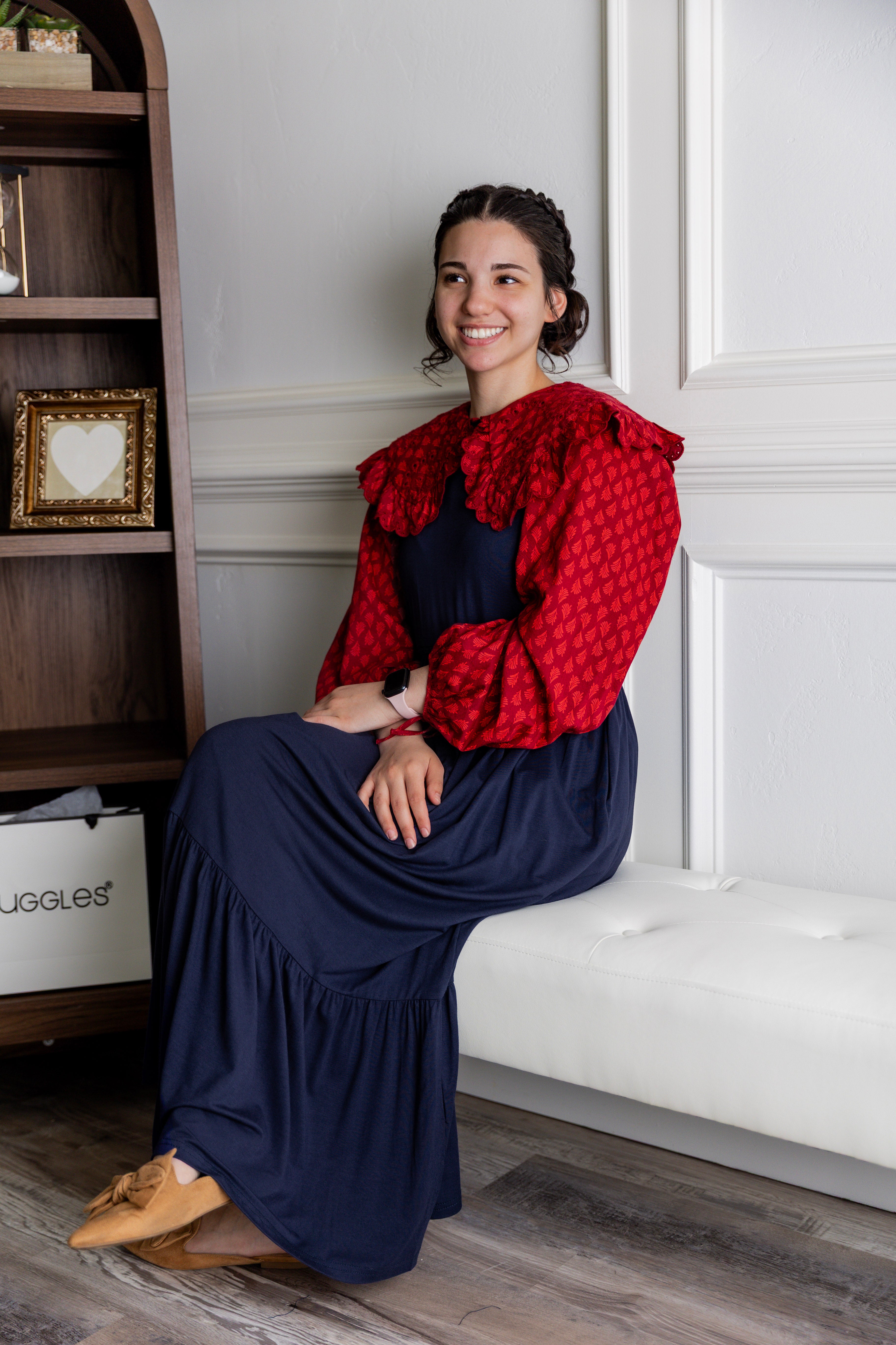 Model wearing the Nuggles® Riley Dress in Navy