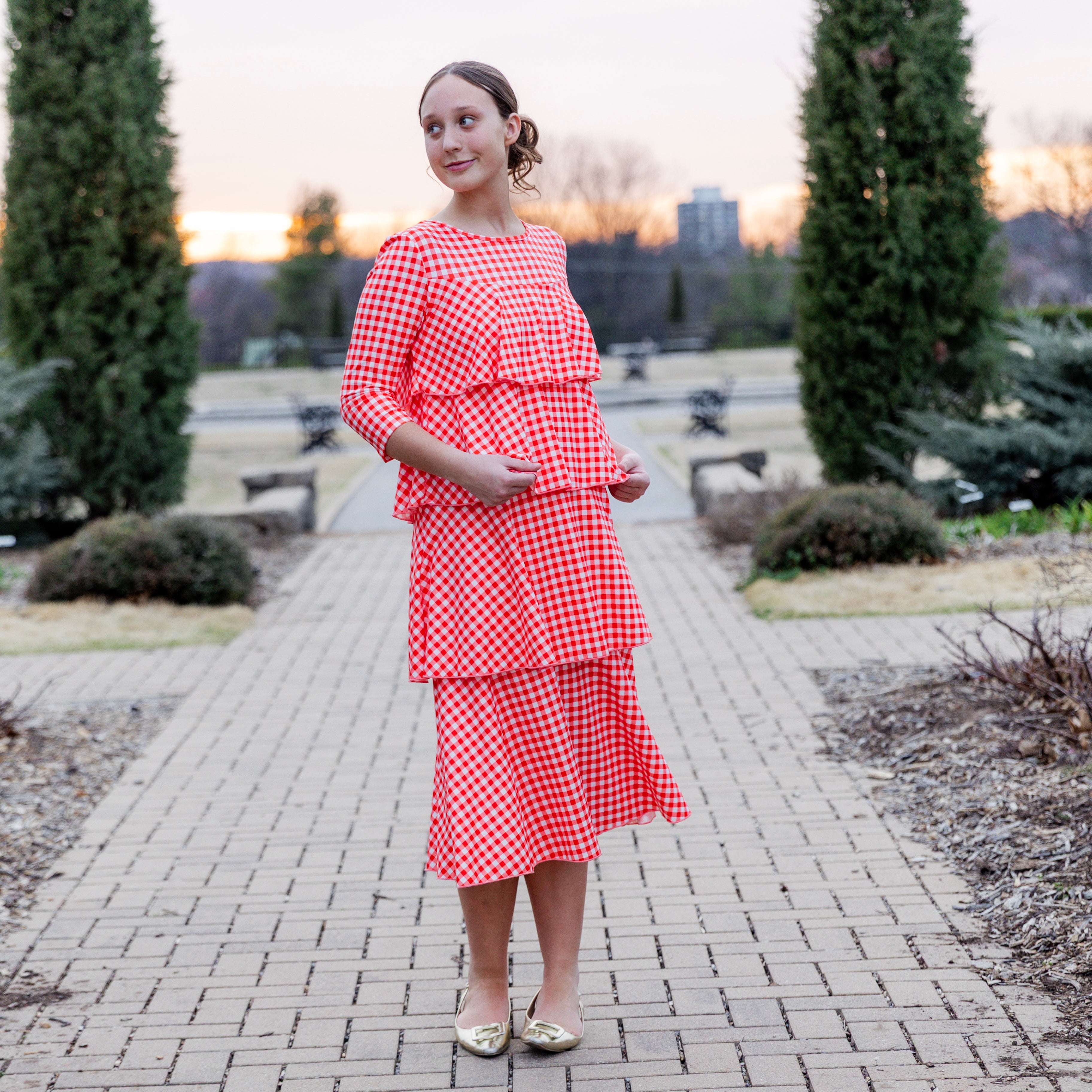 Model wearing the Olivia Dress in soft, modest fabric – timeless, ruffle-free design ideal for church, work, or everyday wear