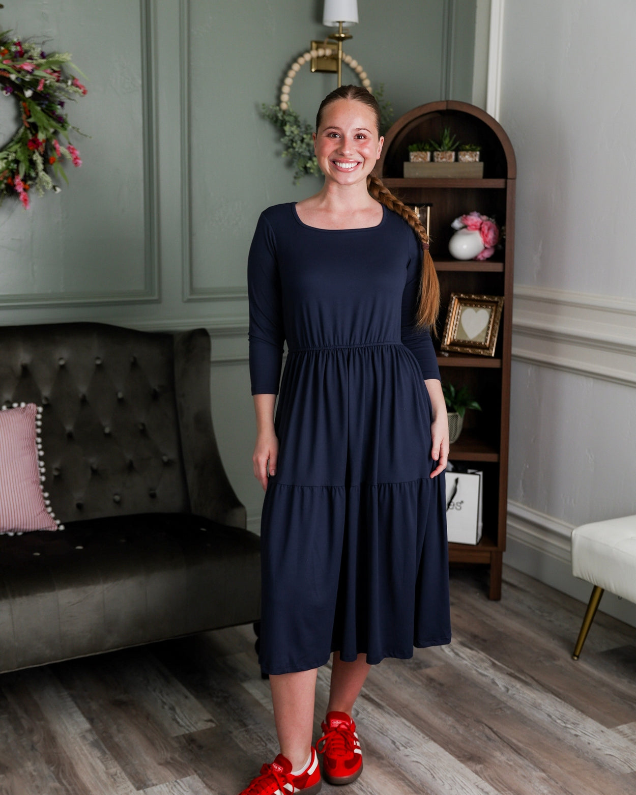 Model wearing Nuggles® Nova Dress in Navy