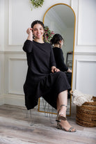 Modest solid Rose Top for women in textured fabric, long hip-length cut, paired with matching midi skirt from Nuggles®