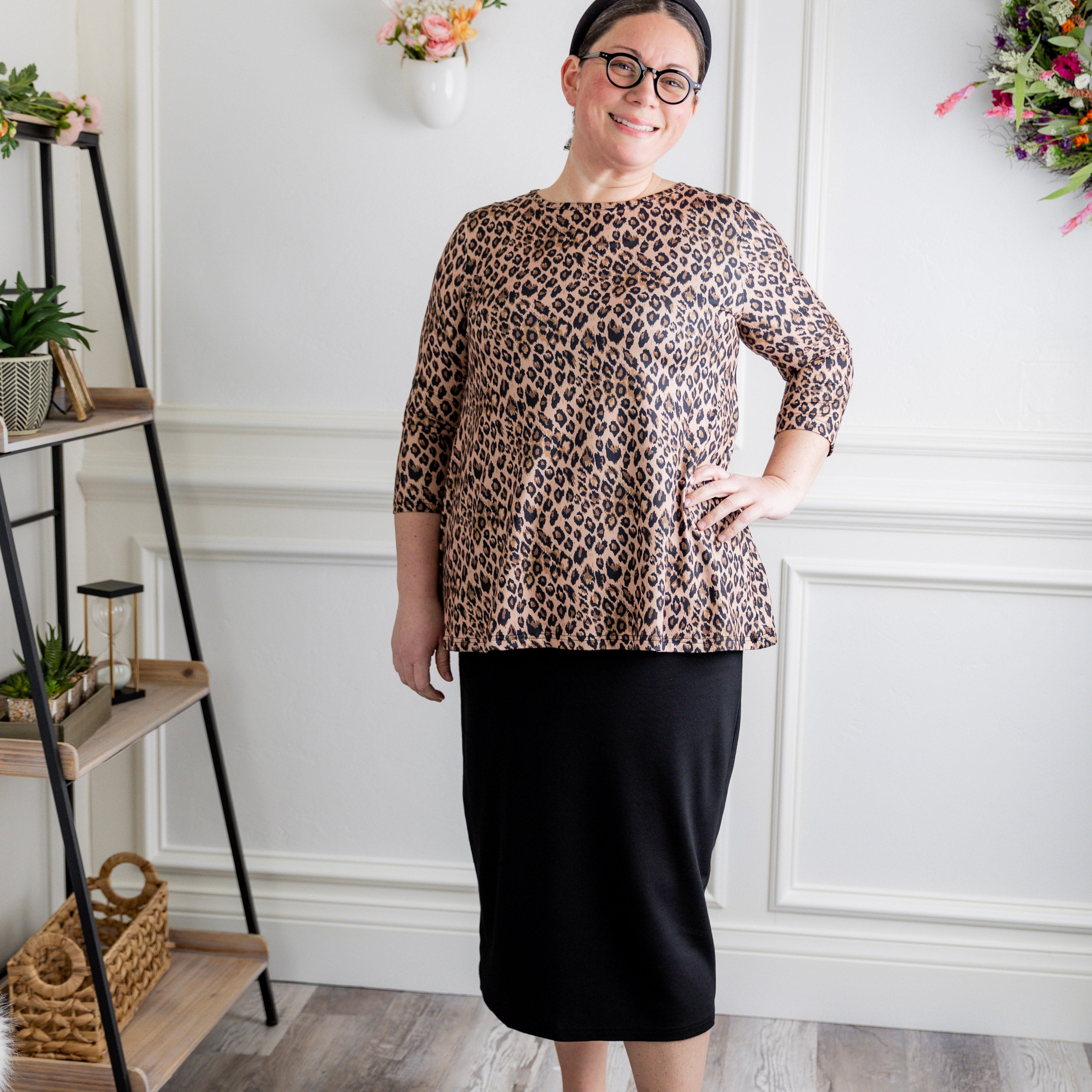 Modest 3/4 sleeve tunic top for women – Lexi Top by Nuggles®, flattering loose fit with soft stretch fabric.