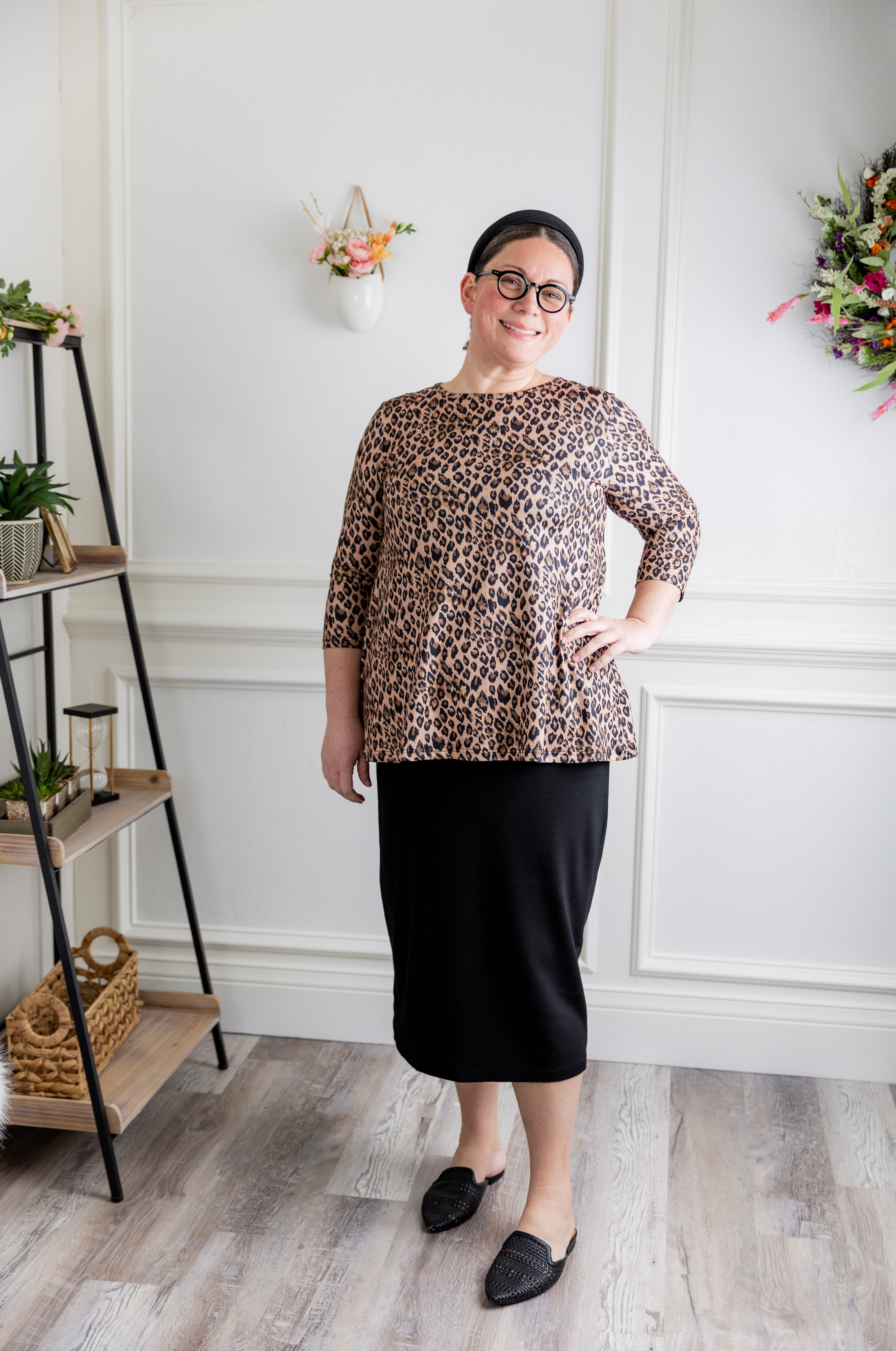 Modest 3/4 sleeve tunic top for women – Lexi Top by Nuggles®, flattering loose fit with soft stretch fabric.