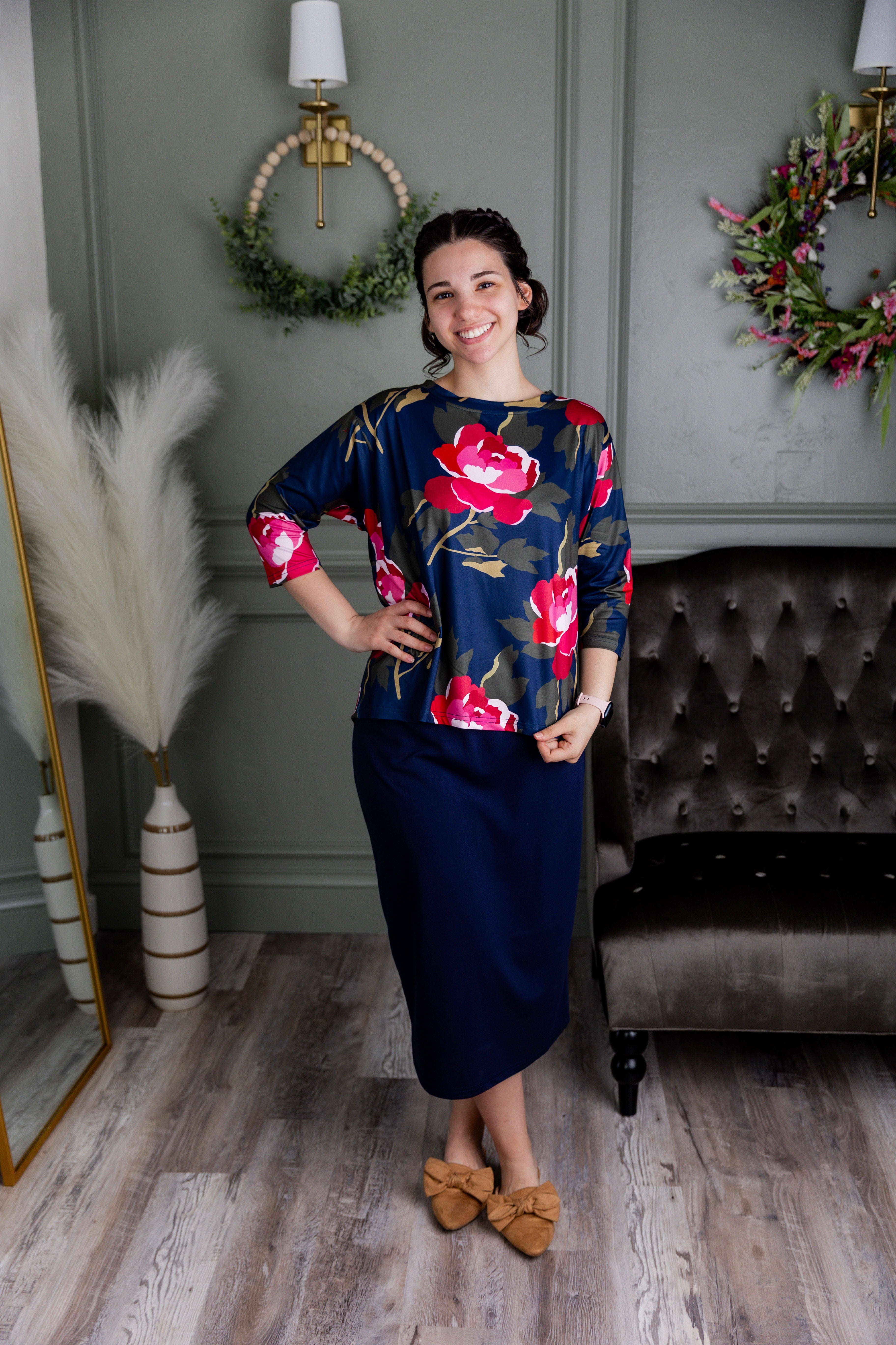 Model wearing the Nuggles® Lucia Top in Rosewood Nights