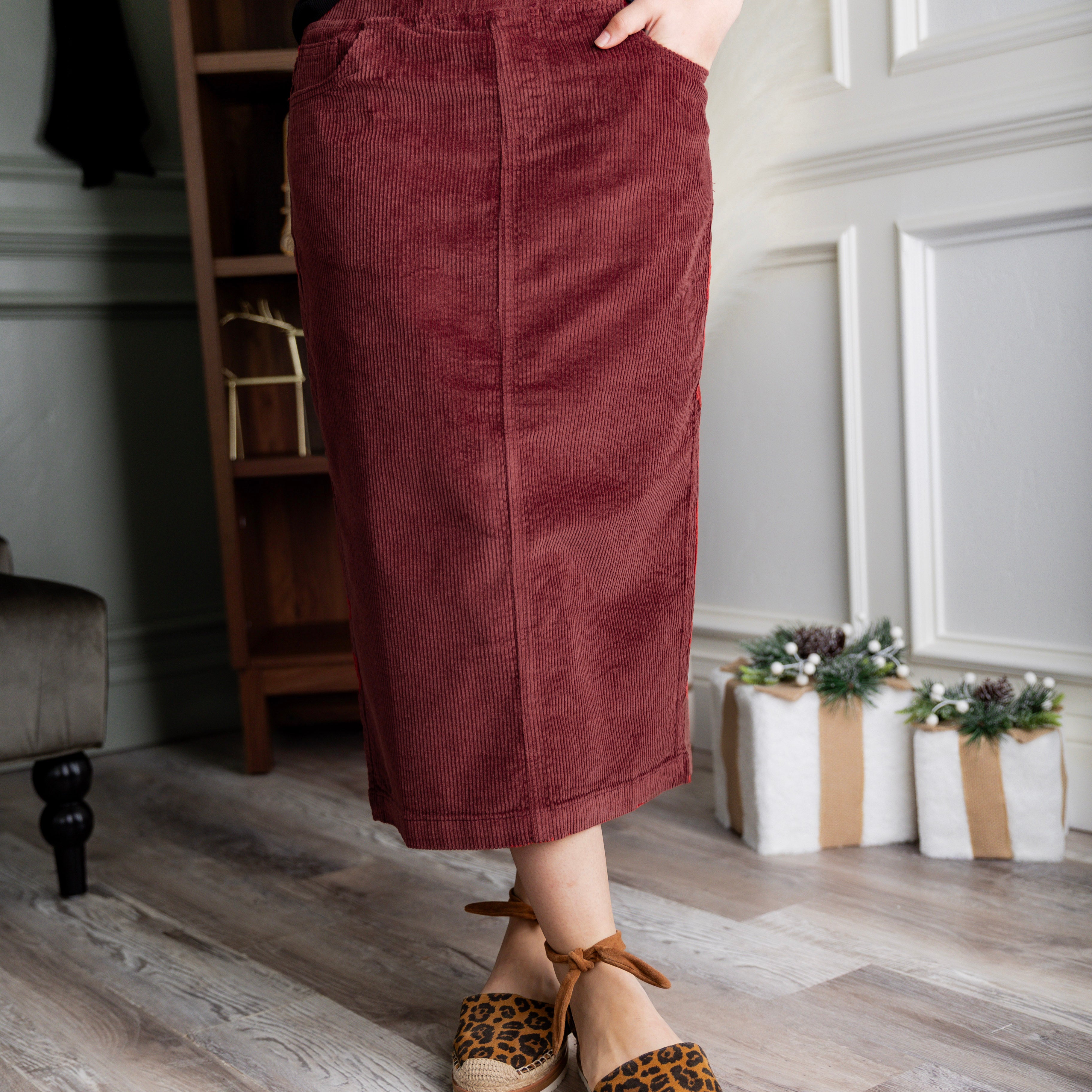 31" Corduroy Skirt in Brick Red