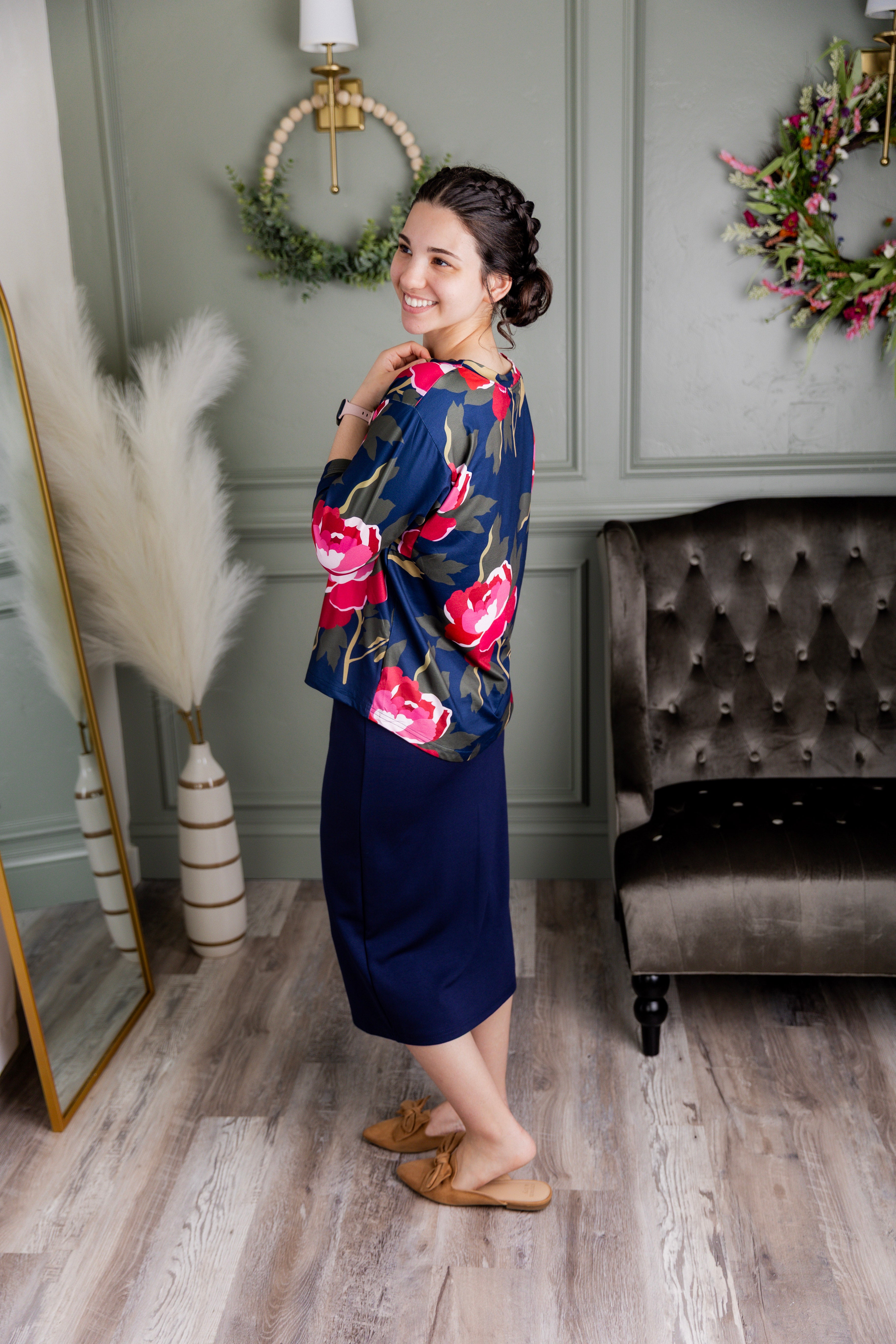 Model wearing the Nuggles® Lucia Top in Rosewood Nights